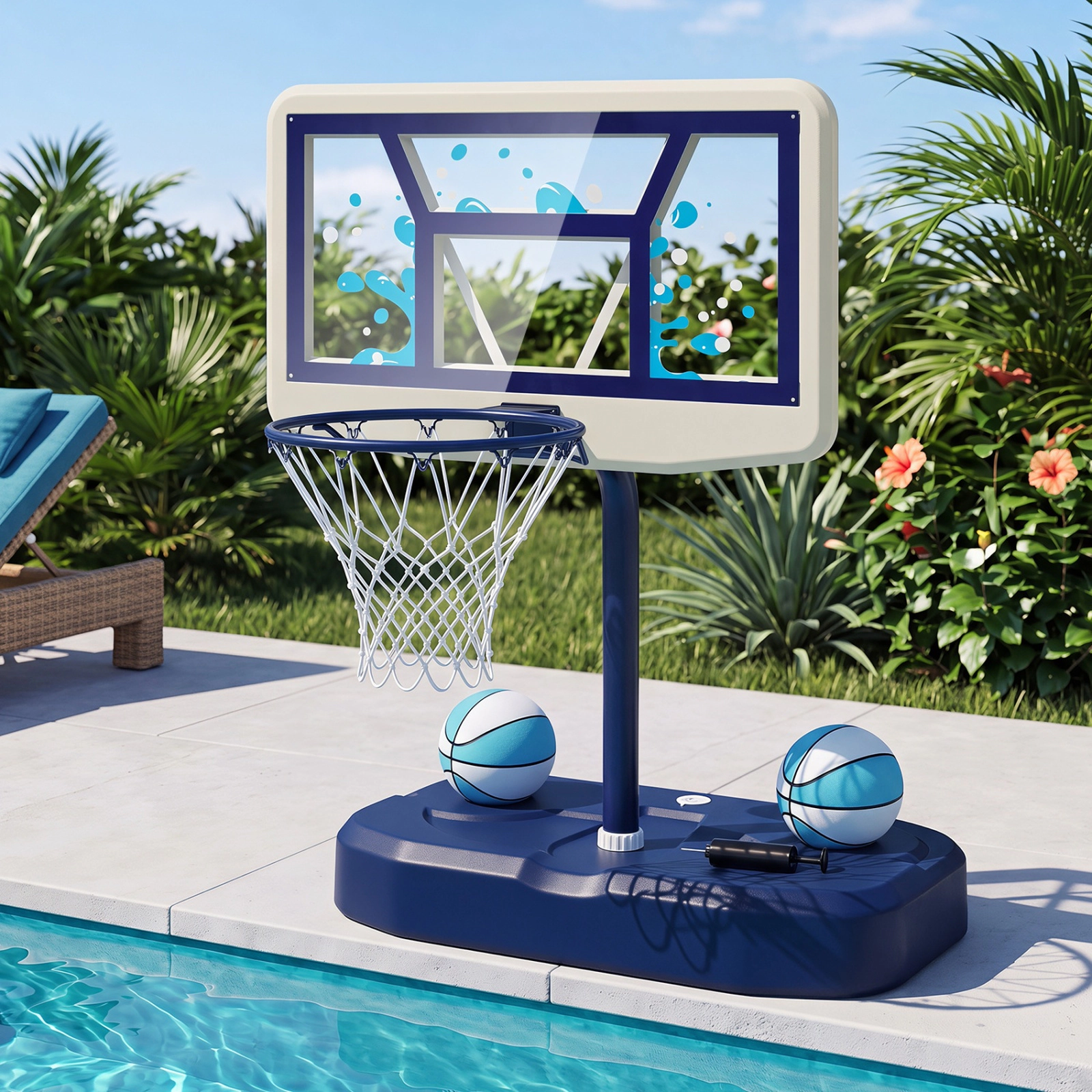 SUGIFT Kids Navy Pool Basketball Hoop Set with Shatterproof PC Backboard and 2 Balls 18-in Rim Dia 5-ft H