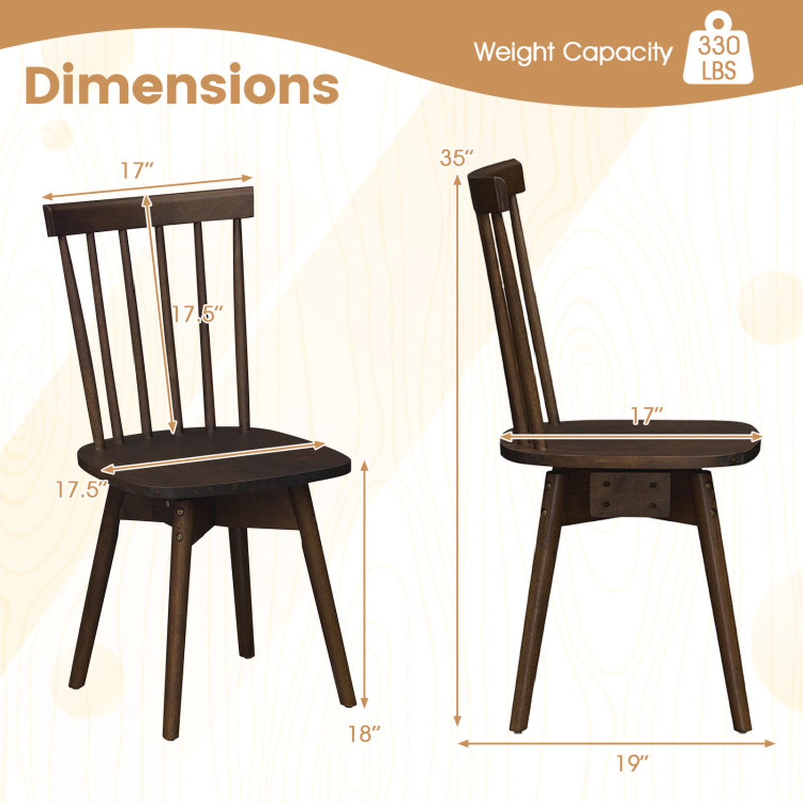 SUGIFT Wide Swivel Seat Rubber Wood Windsor Dining Chairs Set of 2 330-lb Capacity 35-in Tall Natural/Walnut