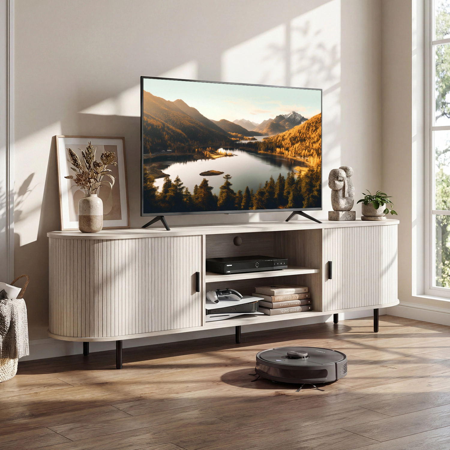 LJG TV Stand for 80 Inch TVs Mid Century Modern Entertainment Center with Fluted Sliding Doors