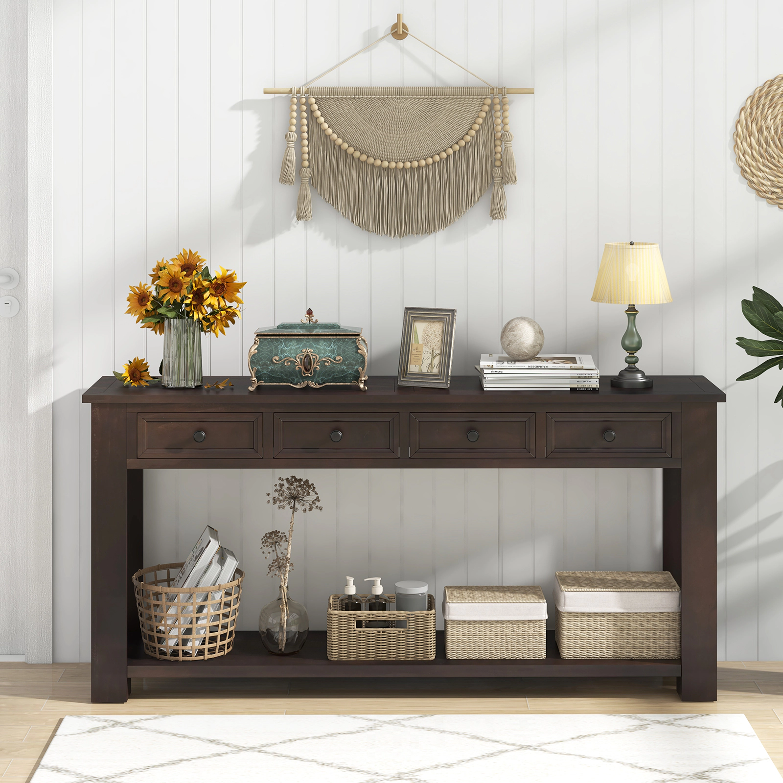 SUGIFT 63-in 220-lb Capacity Espresso Farmhouse Console Table with 4 Pre-Assembled Drawers and Open Shelf