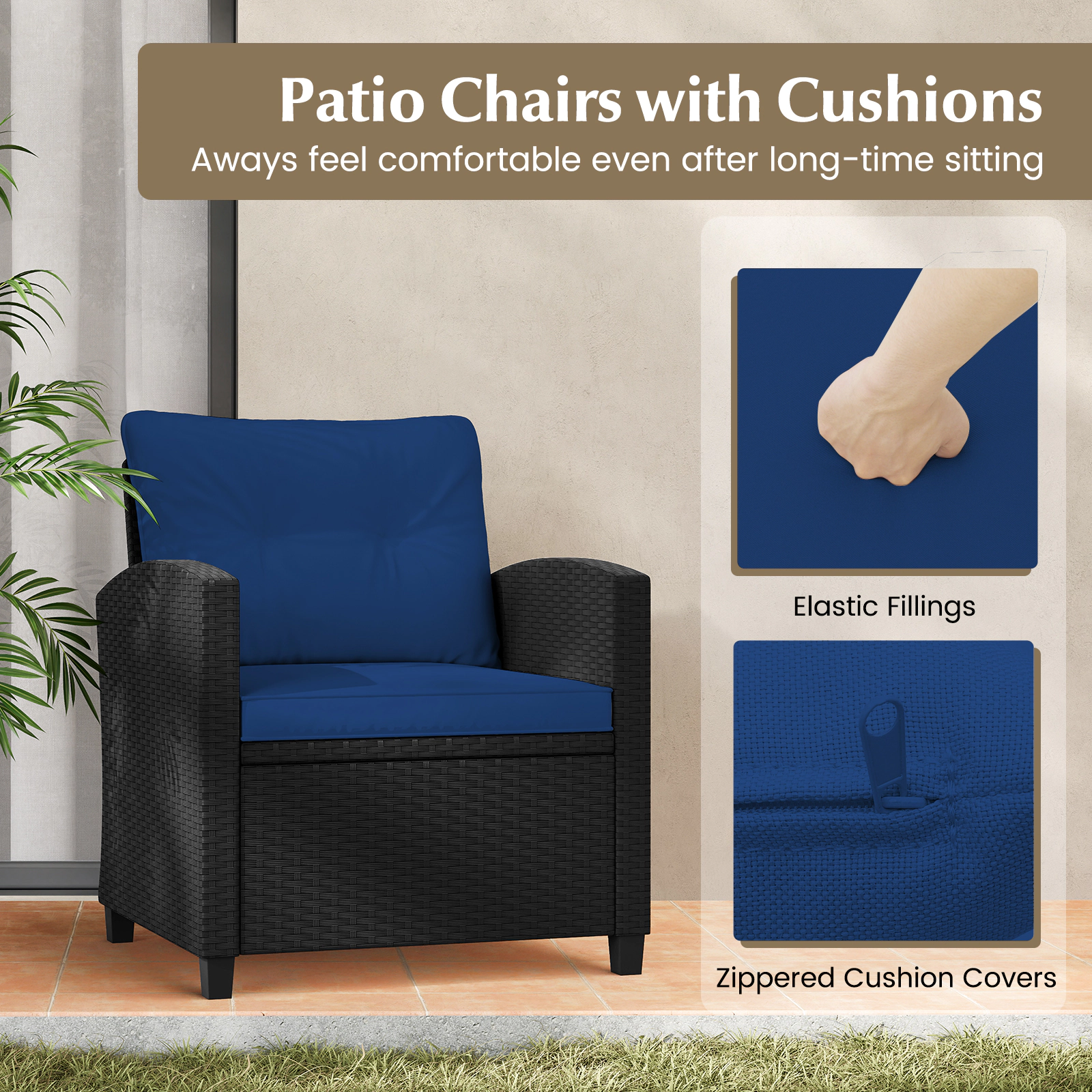 SUGIFT Tempered Glass Table and Cushions 3-Piece Patio Rattan Chair Set