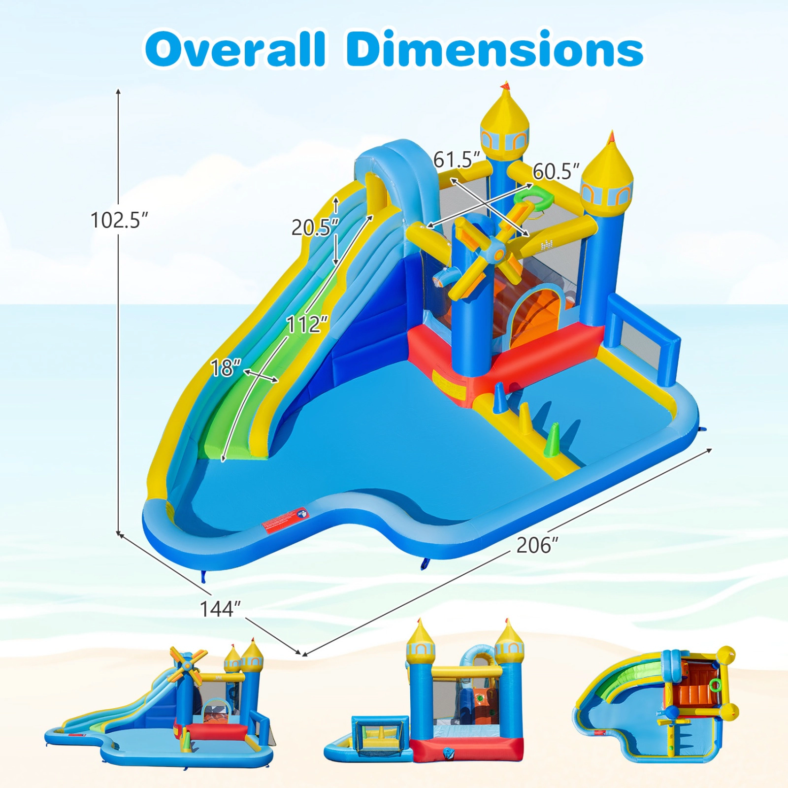 SUGIFT 206-in Windmill Inflatable Water Slide Park with Jumping Area Ball Pit Ring Toss and 680W Blower