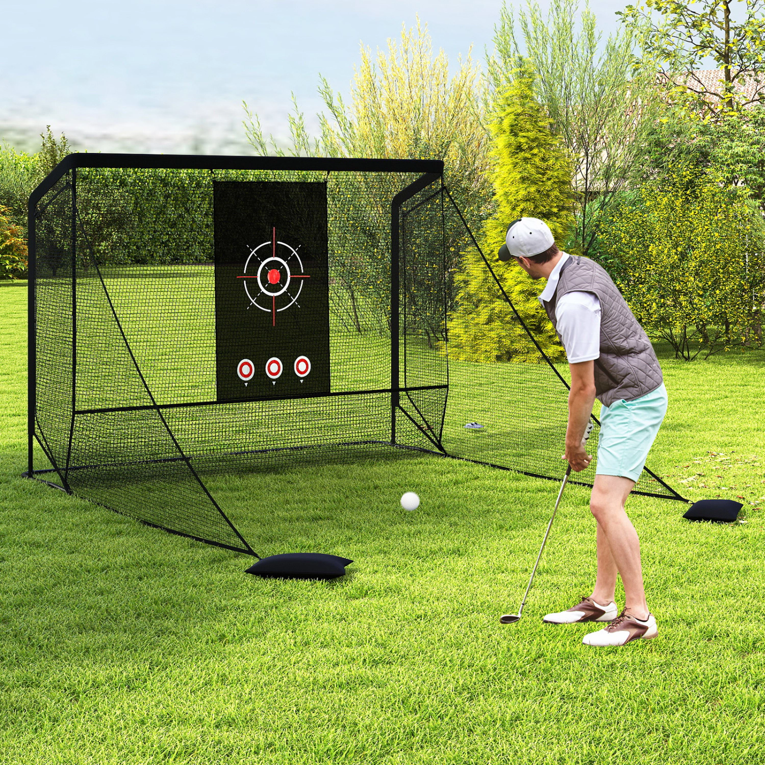 LJG Golf Practice Hitting Net Golf Cage with Dual Side Barriers Target Cloth Metal Frame