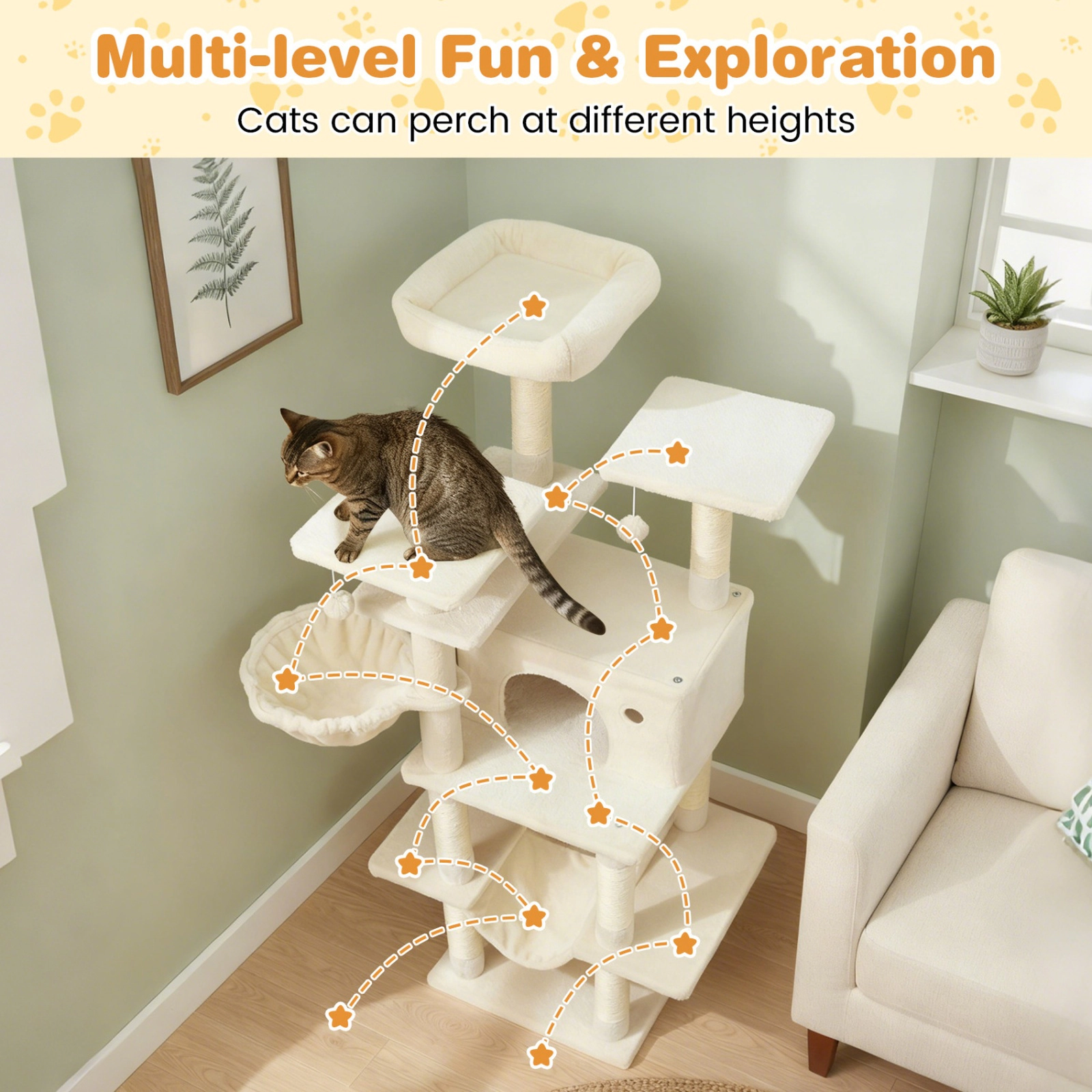 SUGIFT Beige 63 in Large Cat Tower with Thick Padded Perch and Spacious Condo