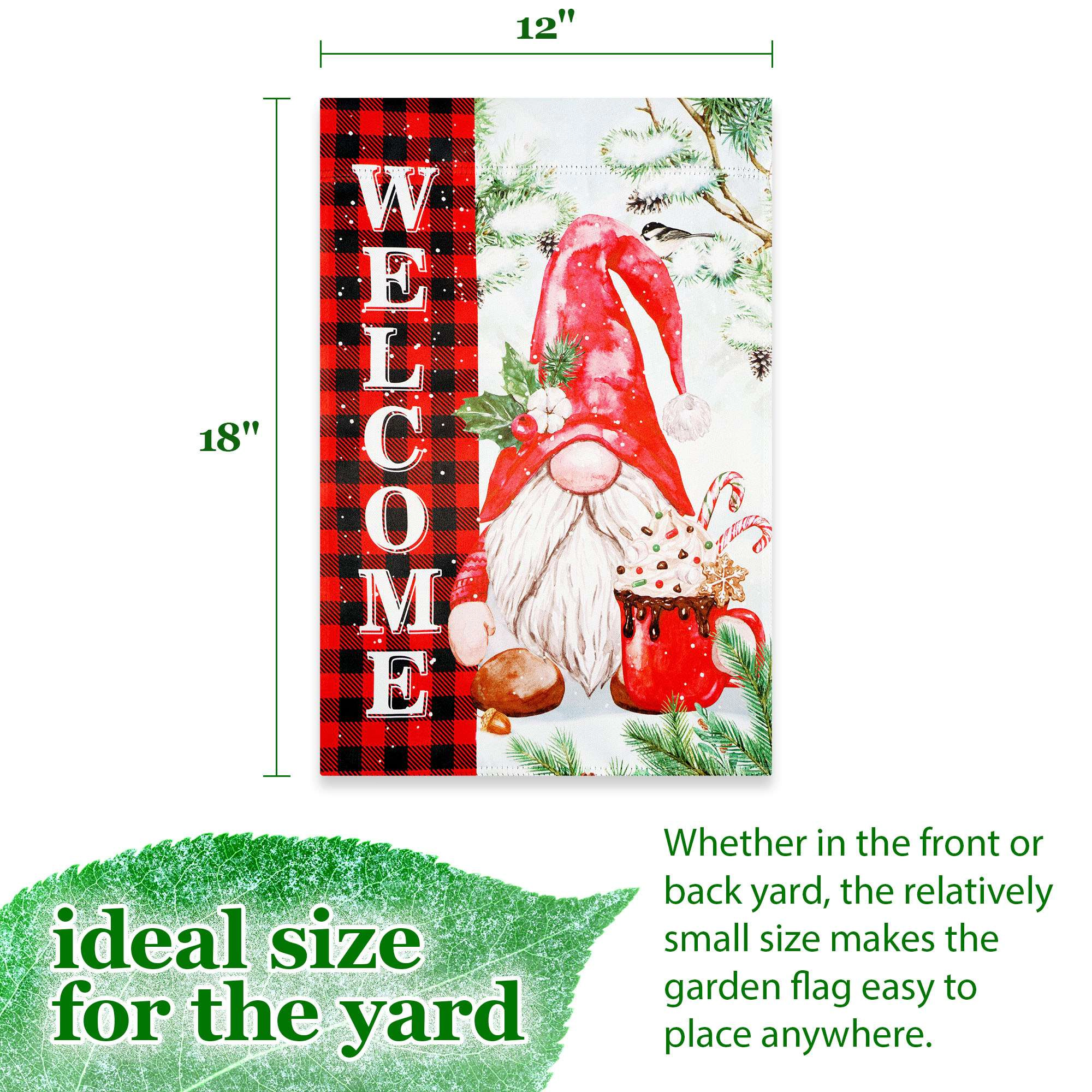G128 Double-Sided Christmas Gnome Buffalo Plaid Garden Flag 12x18