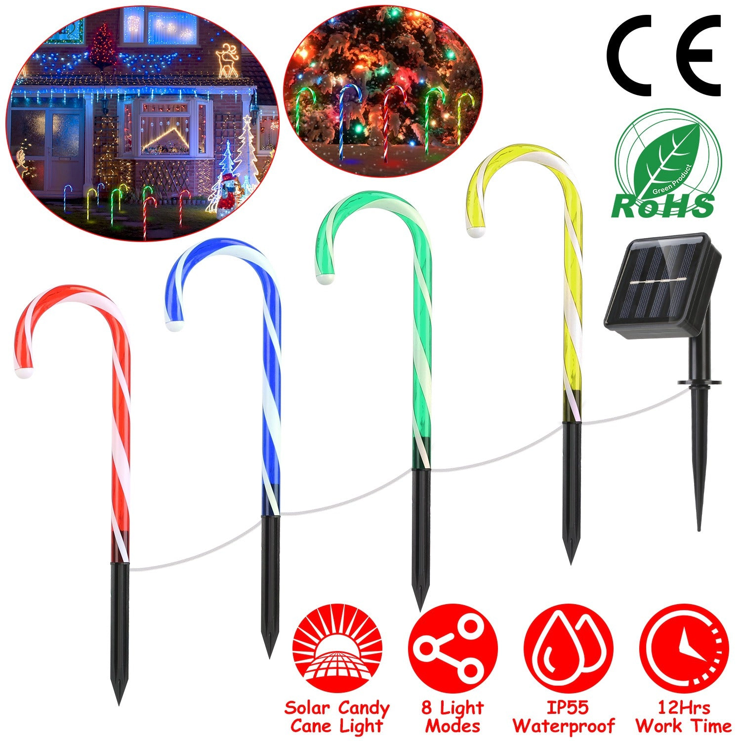 GBruno Solar Waterproof Candy Cane Stake Light