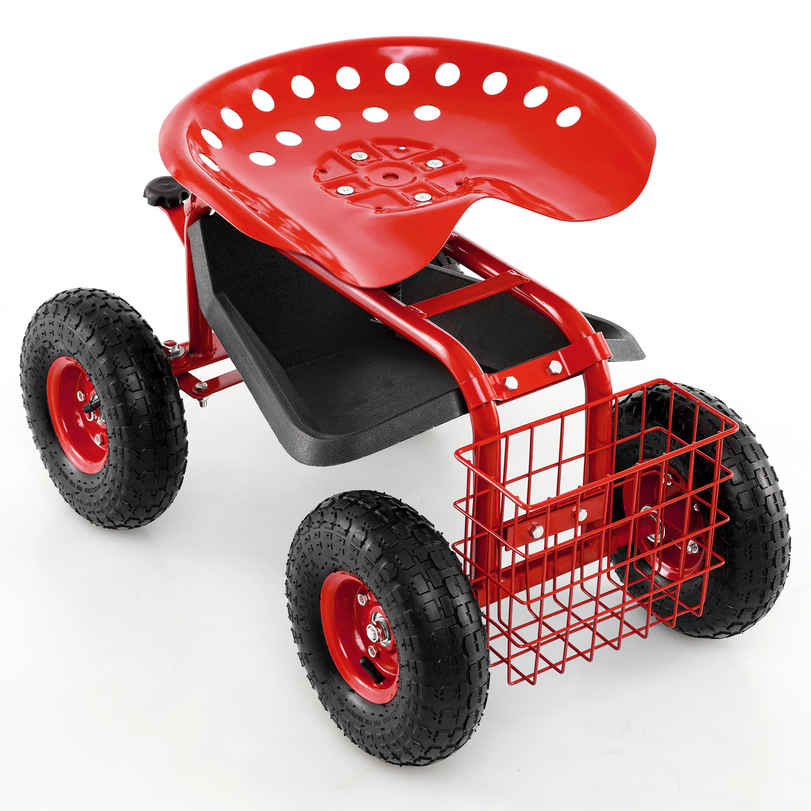 SUGIFT Red 330-lb Capacity 4-Wheel Rolling Garden Cart Work Seat Shop Stool with Tool Tray and Tires