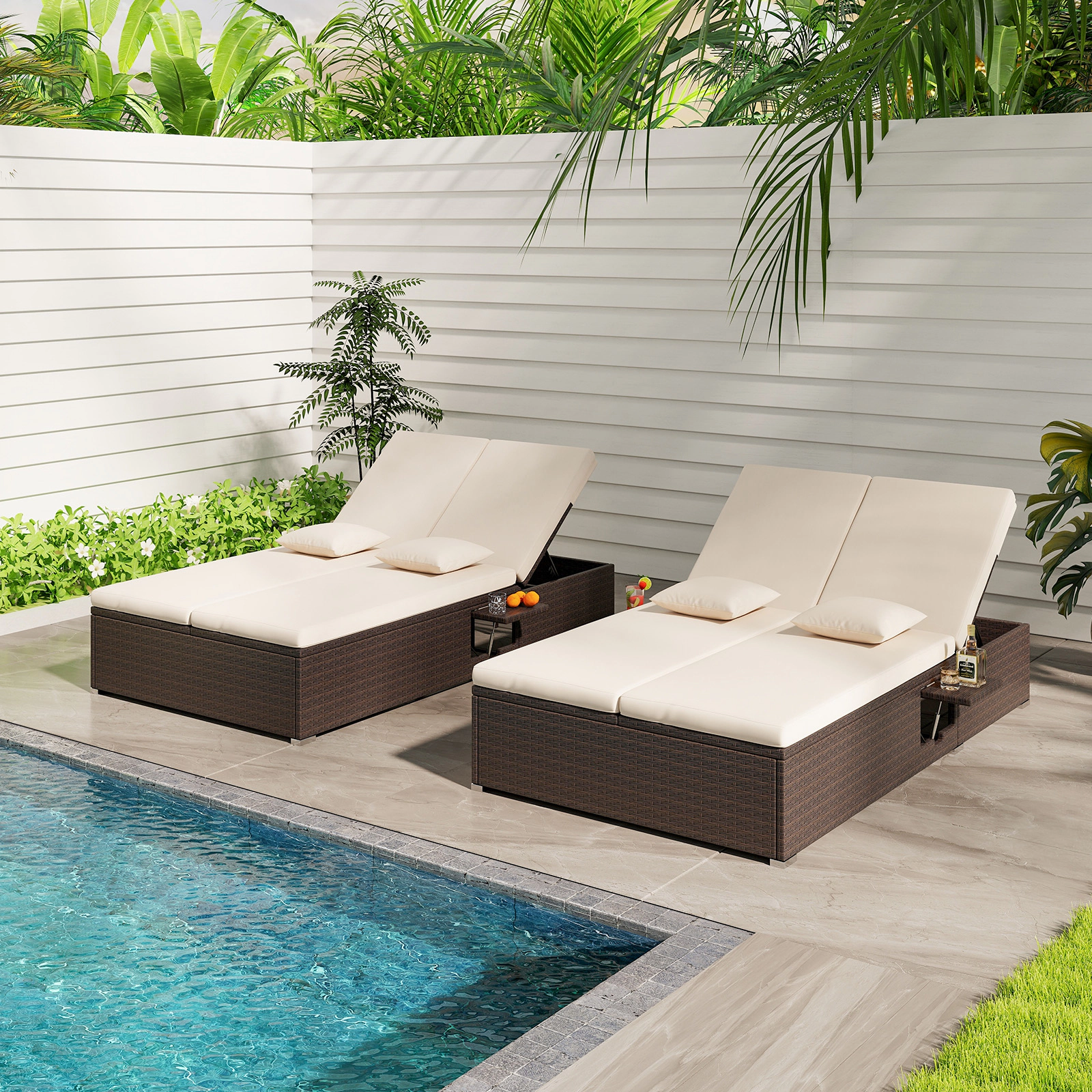 Patio Double Chaise Lounge Outdoor Daybed for 2 with PE Rattan 6-Level Dual Backrests Cushions Beige