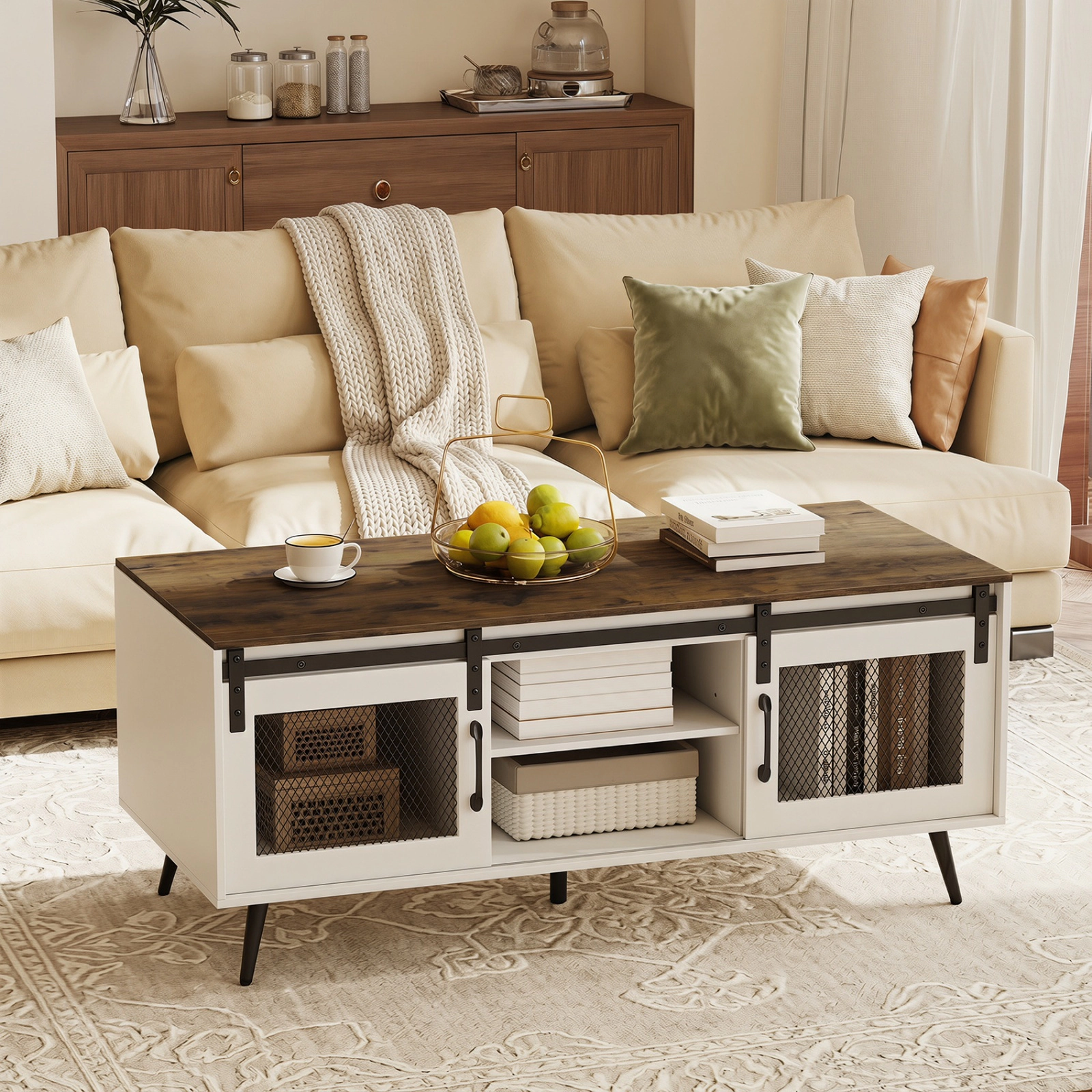 SUGIFT Sliding Barn Doors Adjustable Shelf Two-Tone Coffee Table 48-in x 22-in x 20.5-in 100-lb Capacity Rustic Brown