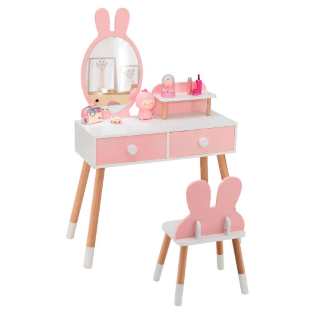 Hivvago Kids Vanity Table And Chair Set With Drawer Shelf Rabbit Mirror