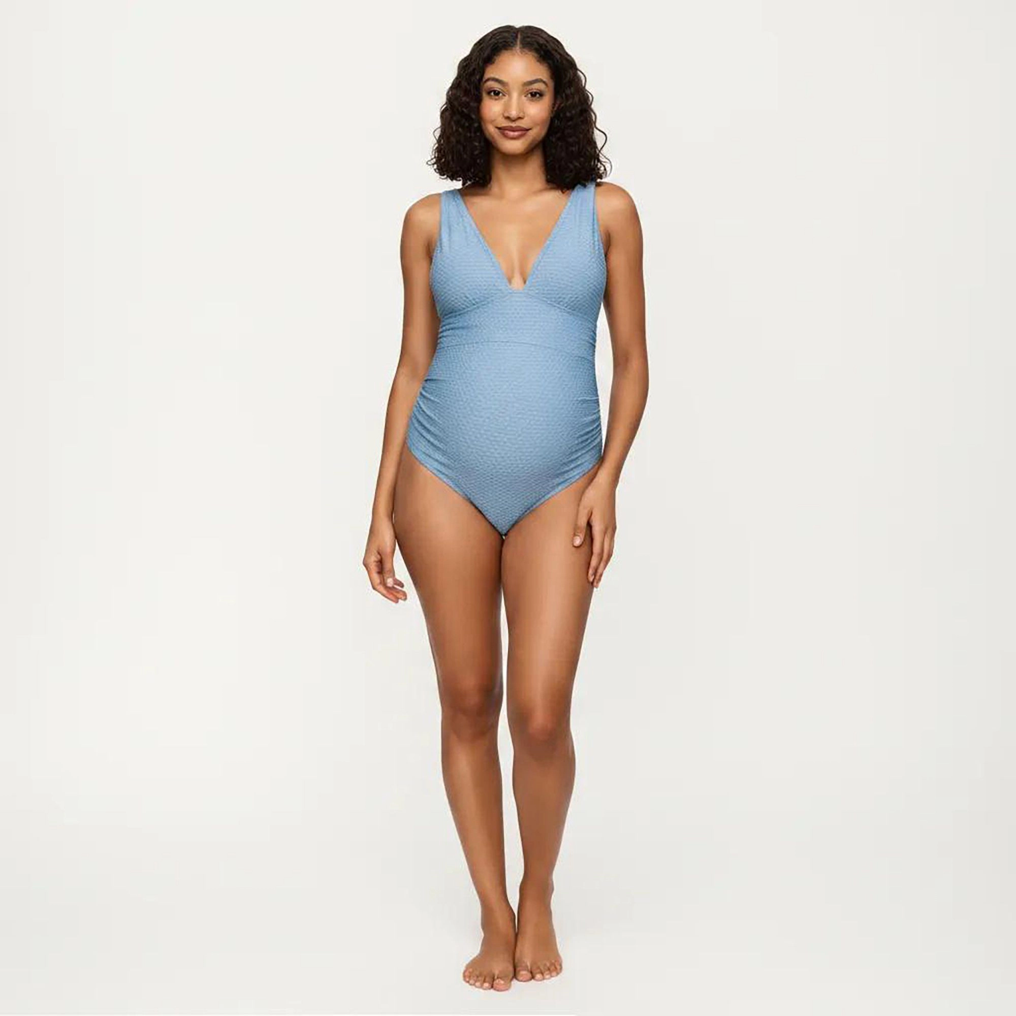 Anna-Kaci Women Maternity Ribbed One-Piece Swimsuit - Plunge Neckline, Side Gathering