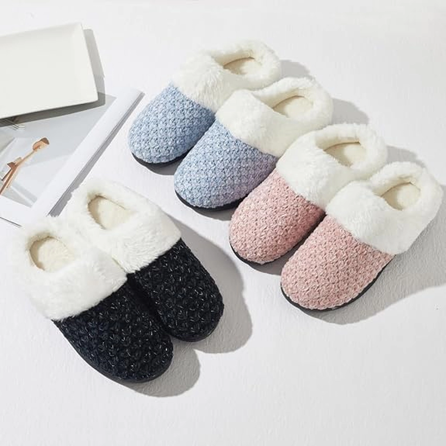 Roxoni Women's Knit Memory Foam Clog Slippers with Plush Faux Fur Collar