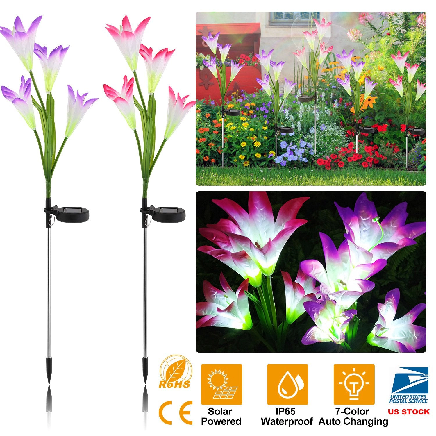 GBruno 2-Pc Solar Lily Flower Garden Stake Lights