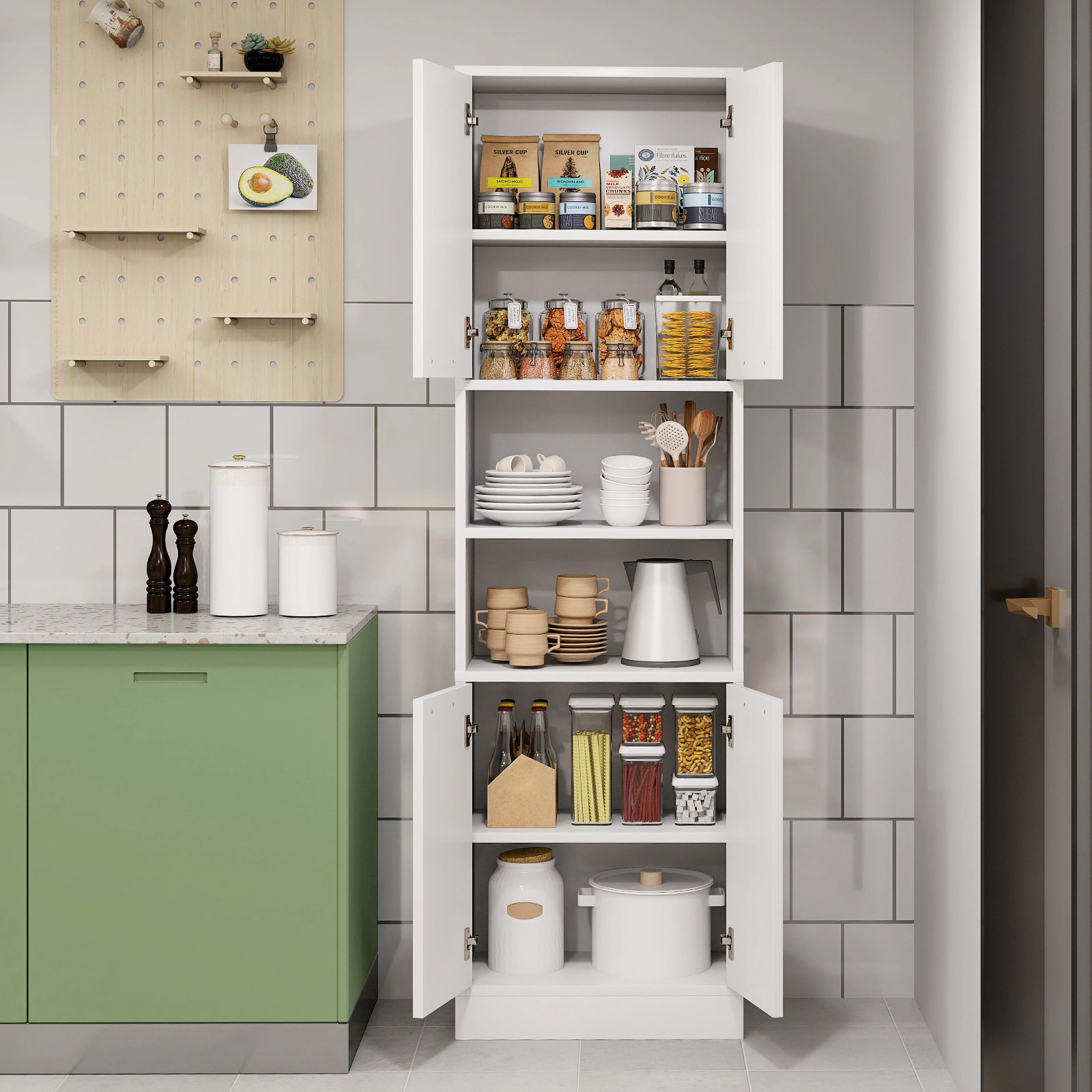 SUGIFT 75-in Tall 2 Double-Door Cabinets 2 Open Shelves Kitchen Pantry Cabinet 22-in x 12-in 300-lb Capacity White