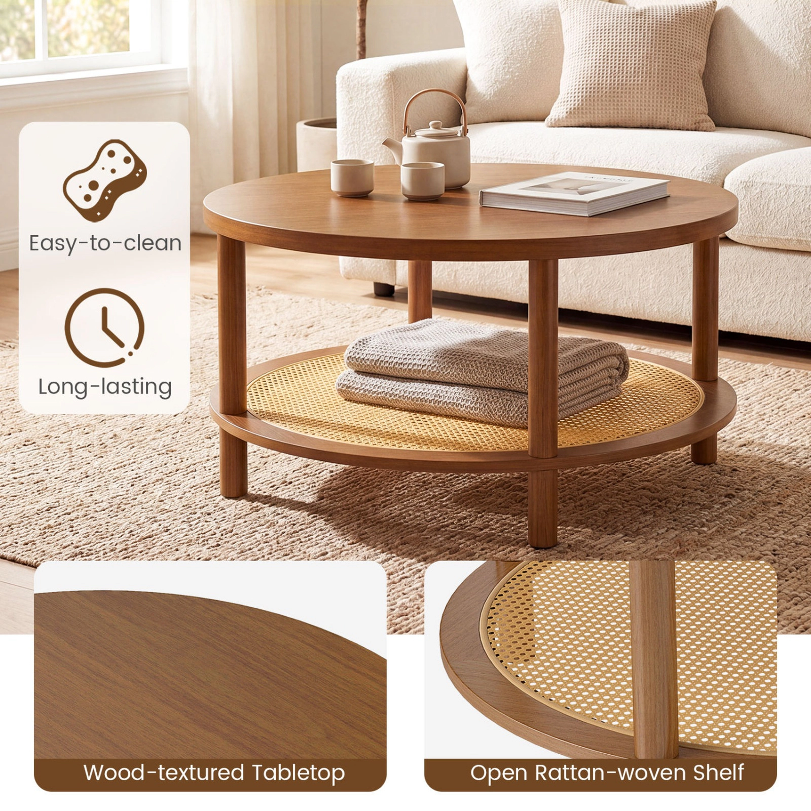 SUGIFT 2-Tier Round Wood Veneer Top PE Rattan Shelf Coffee Table 31.5-in x 31.5-in x 18-in 220-lb Capacity Walnut