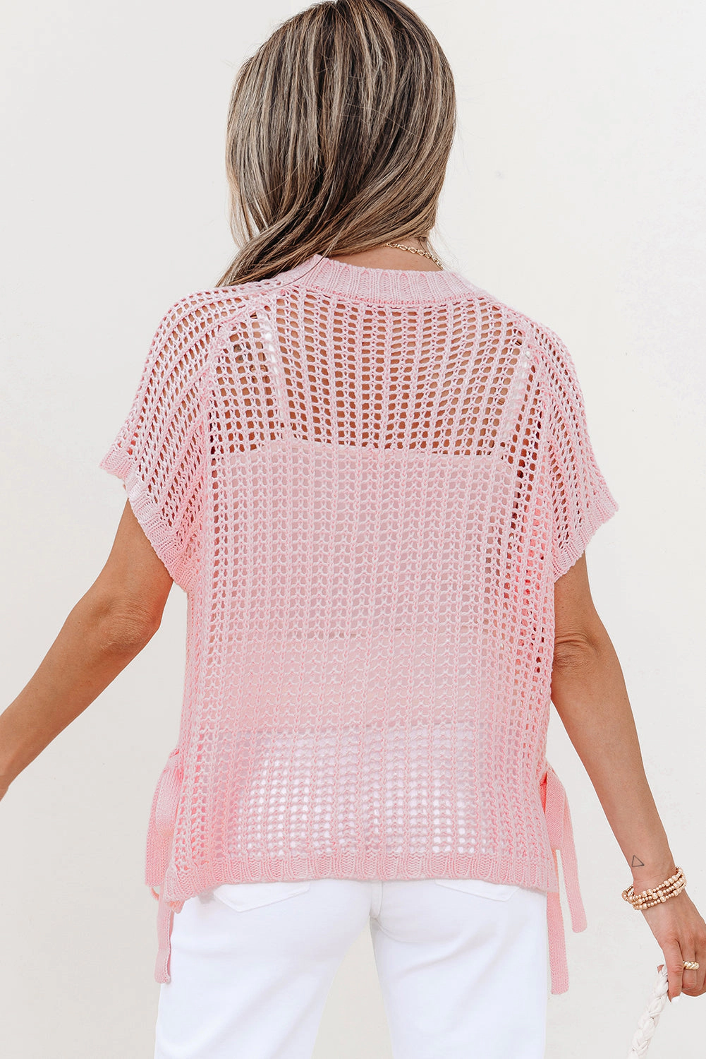 Threaded Pear Women's Lettie Hollow-out Crochet Side Tied Short Sleeve Sweater
