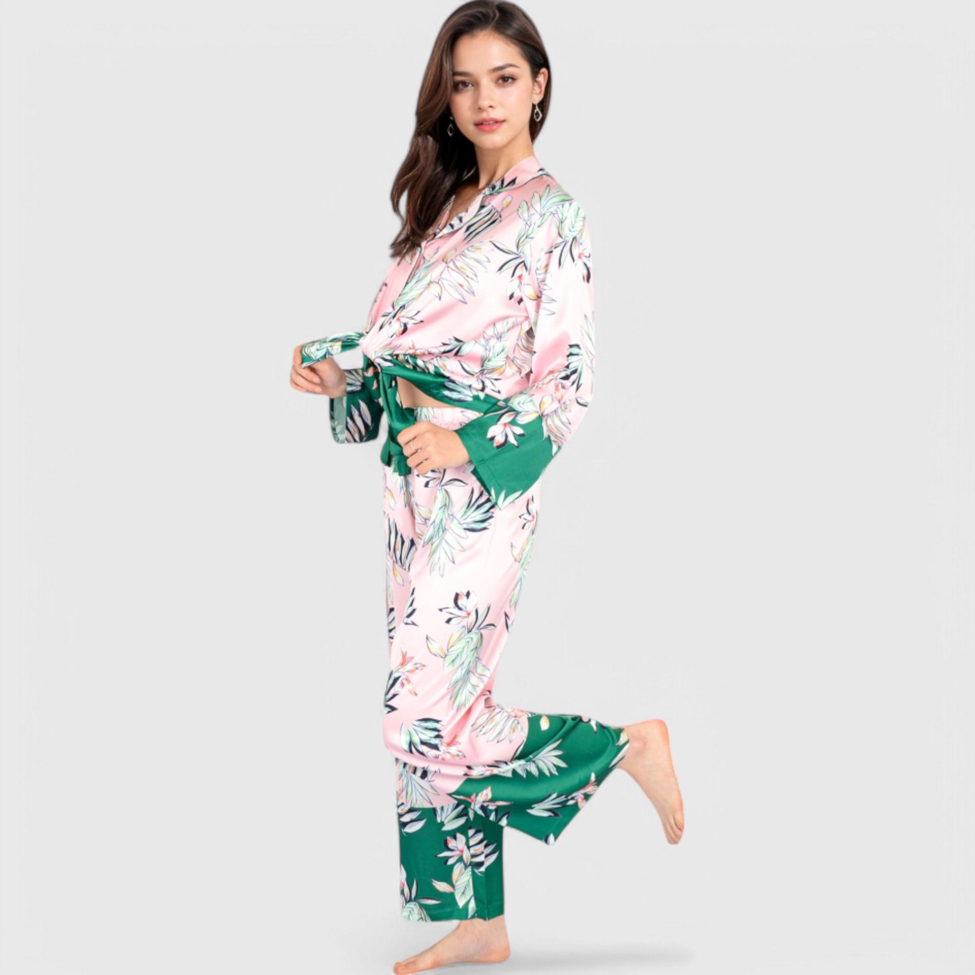 Anna-Kaci Women's Floral Satin Pajama Set with Button Up Long Sleeve Top and Matching Pants