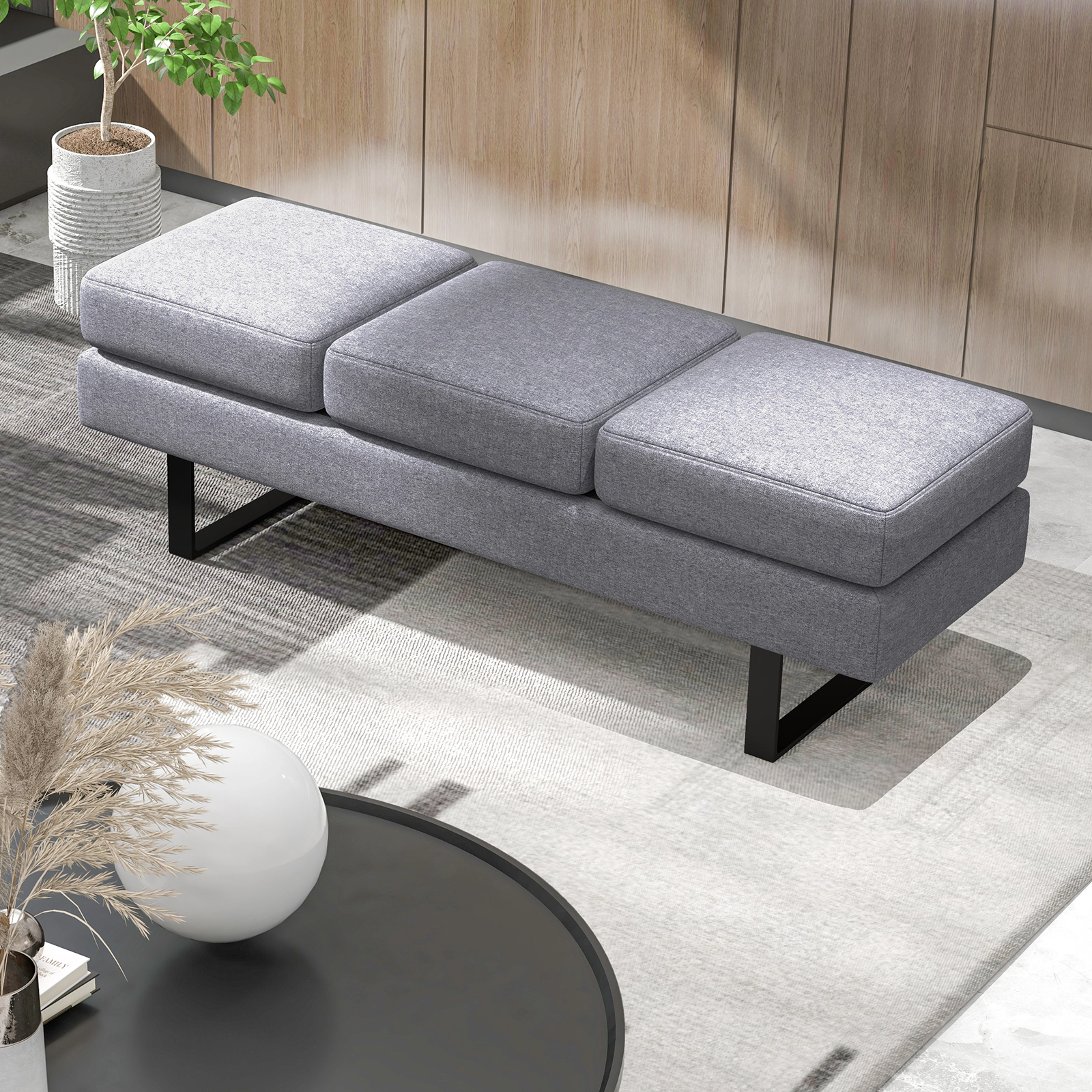 SUGIFT Waiting Room Bench Seating Long Bench with Metal Frame 660-Lb Capacity 3-Seat Faux Linen Cushion Gray/Black