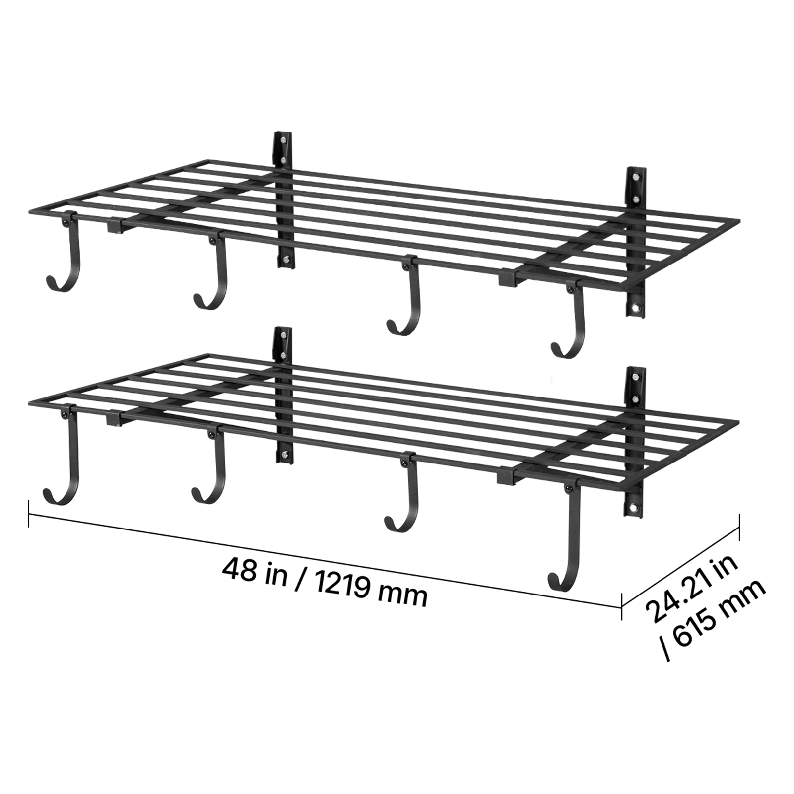 HONGGE 2-Tier Heavy Duty Wall Garage Shelving Steel Wall Mounted Shelving Unit with Hooks Per Shelf Floating Storage
