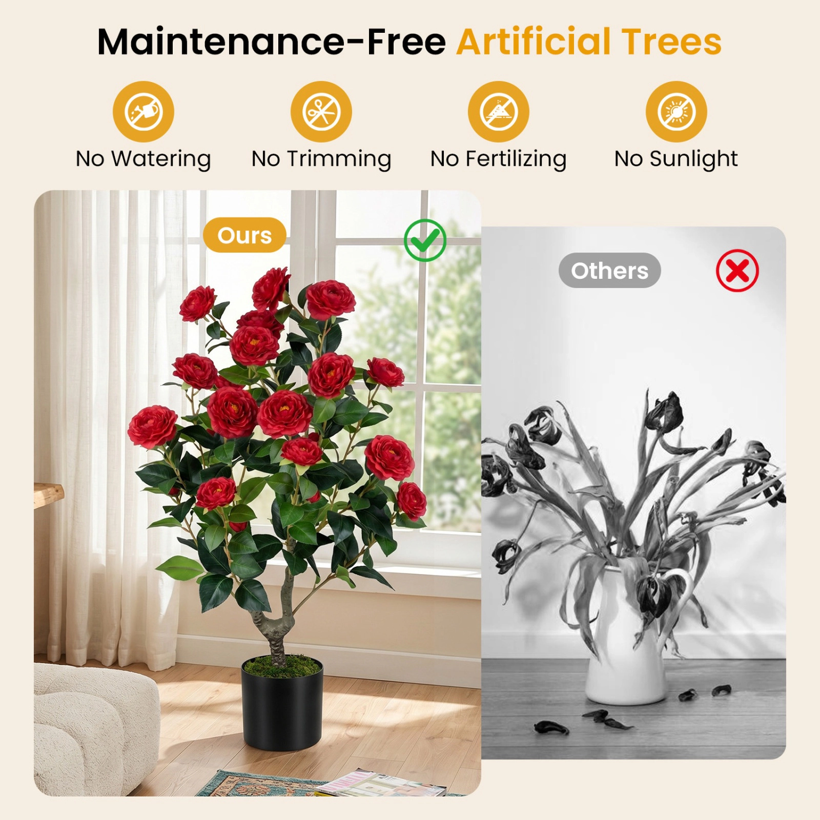 SUGIFT 2-Pack Artificial Camellia Tree Faux Flower Plant in Cement-Filled Pot 35.5-in Tall PE Trunk with Grass Red