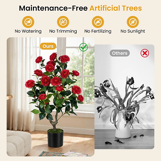 SUGIFT 2-Pack Artificial Camellia Tree Faux Flower Plant in Cement-Filled Pot 35.5-in Tall PE Trunk with Grass Red