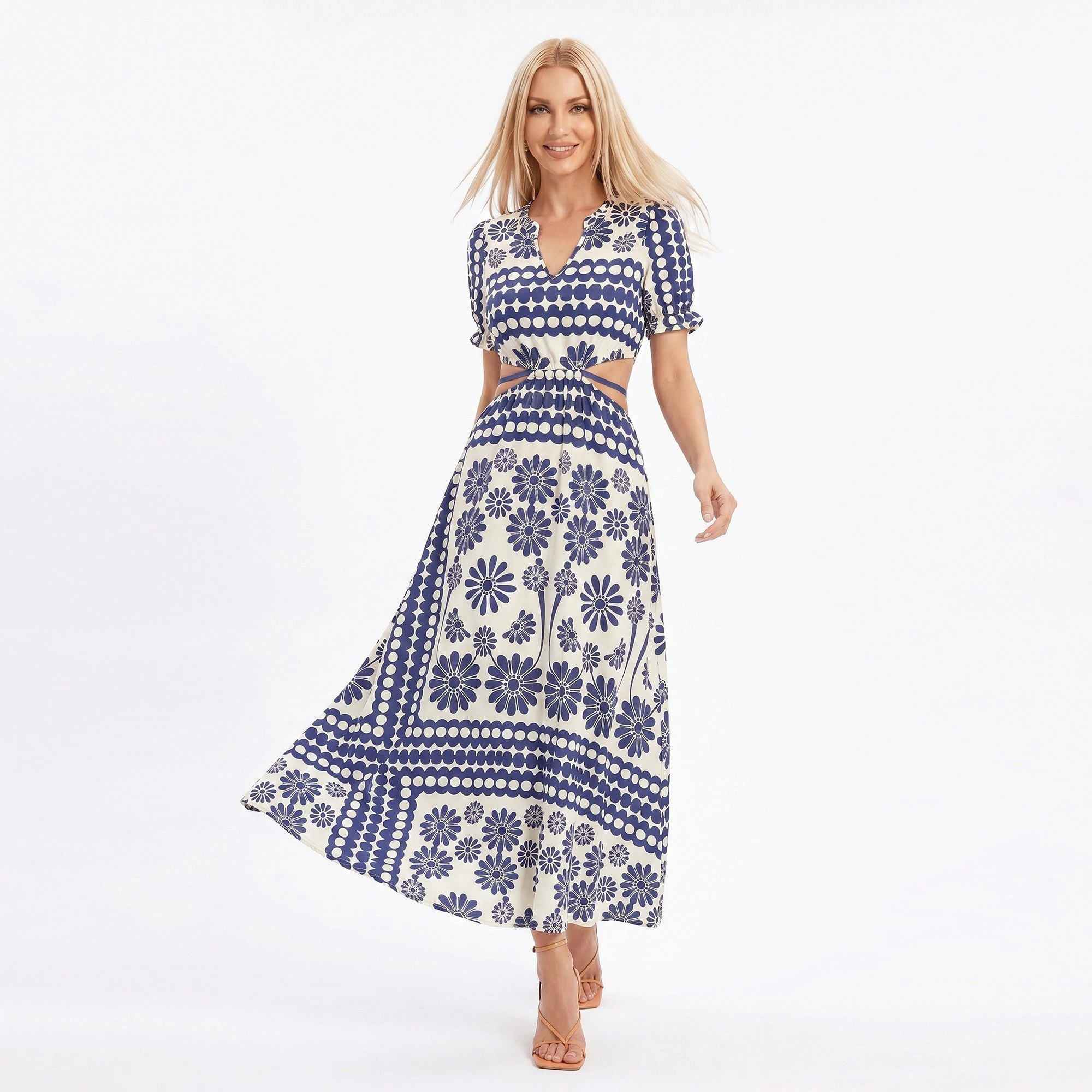 Anna-Kaci Women's Navy Paisley Cutout Maxi Dress with Tie Waist and Short Sleeves