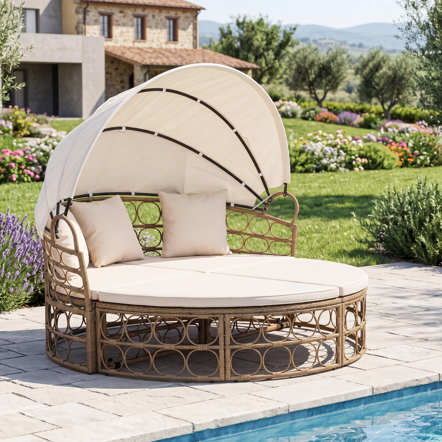 LJG Outdoor Patio Daybed with Retractable Canopy and Cushions Yellow Wicker Rattan Furniture Set