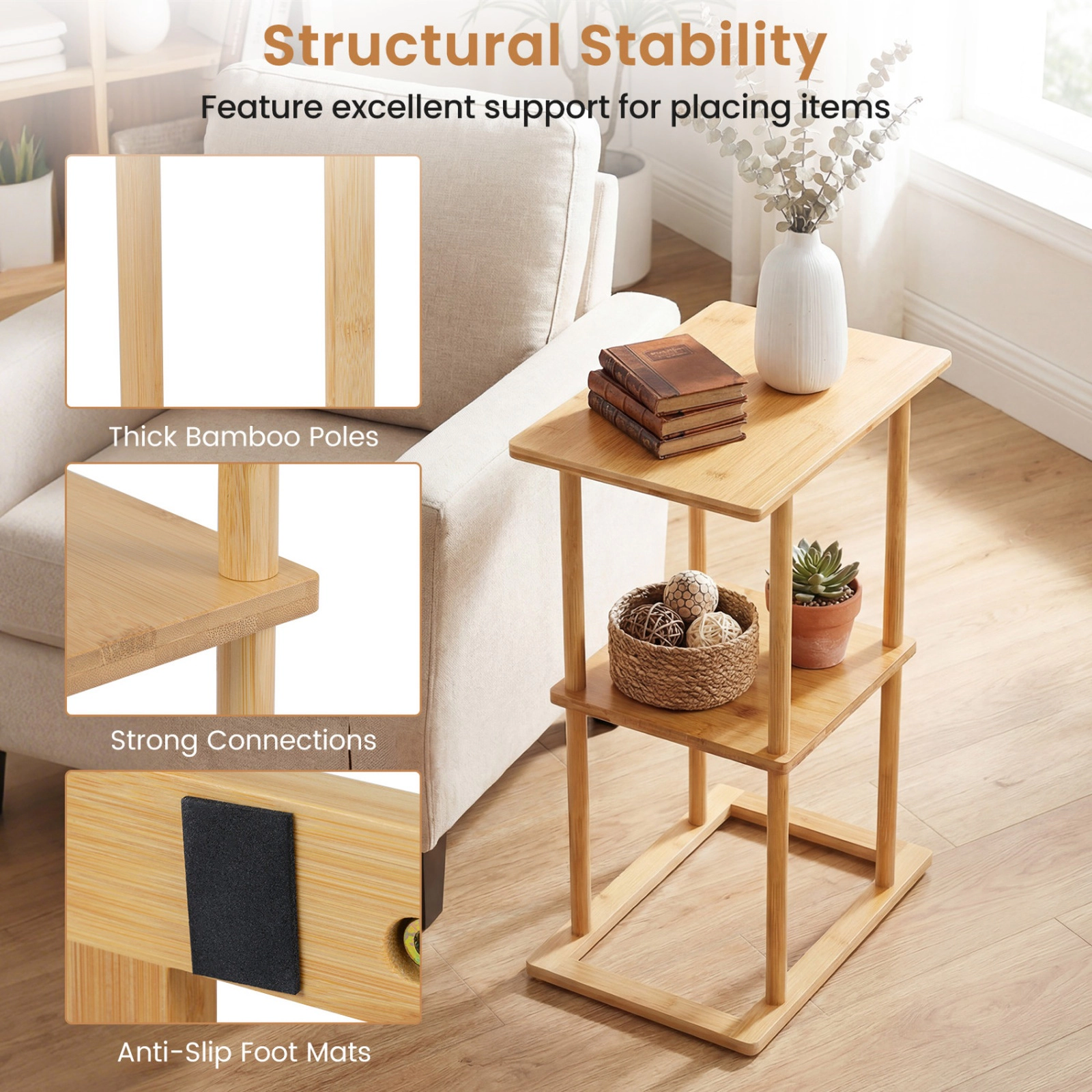 SUGIFT 2-Tier Side Tables with Rectangular Base 22-lb Top Shelf Capacity 13-lb Middle Shelf Capacity Natural