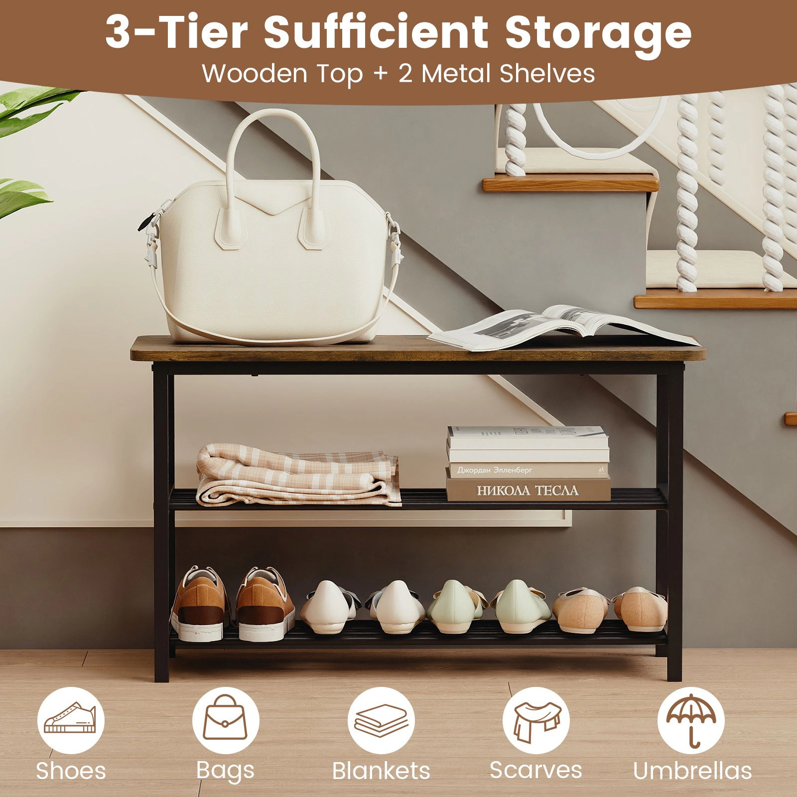 SlickBlue 3 Tier Shoe Rack Bench with Wooden Seat and Metal Shelves