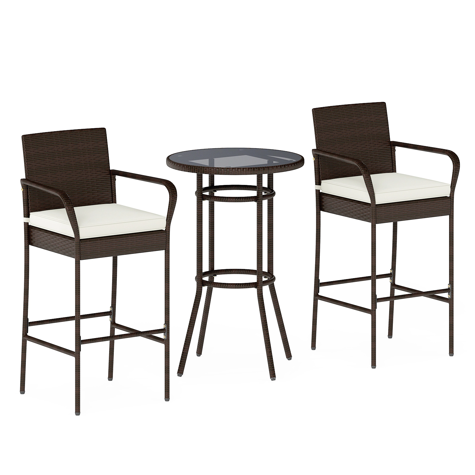 SUGIFT 3-Piece Outdoor Patio Wicker Bar Set, Glass-Top Table and 2 Rattan Bar Chairs