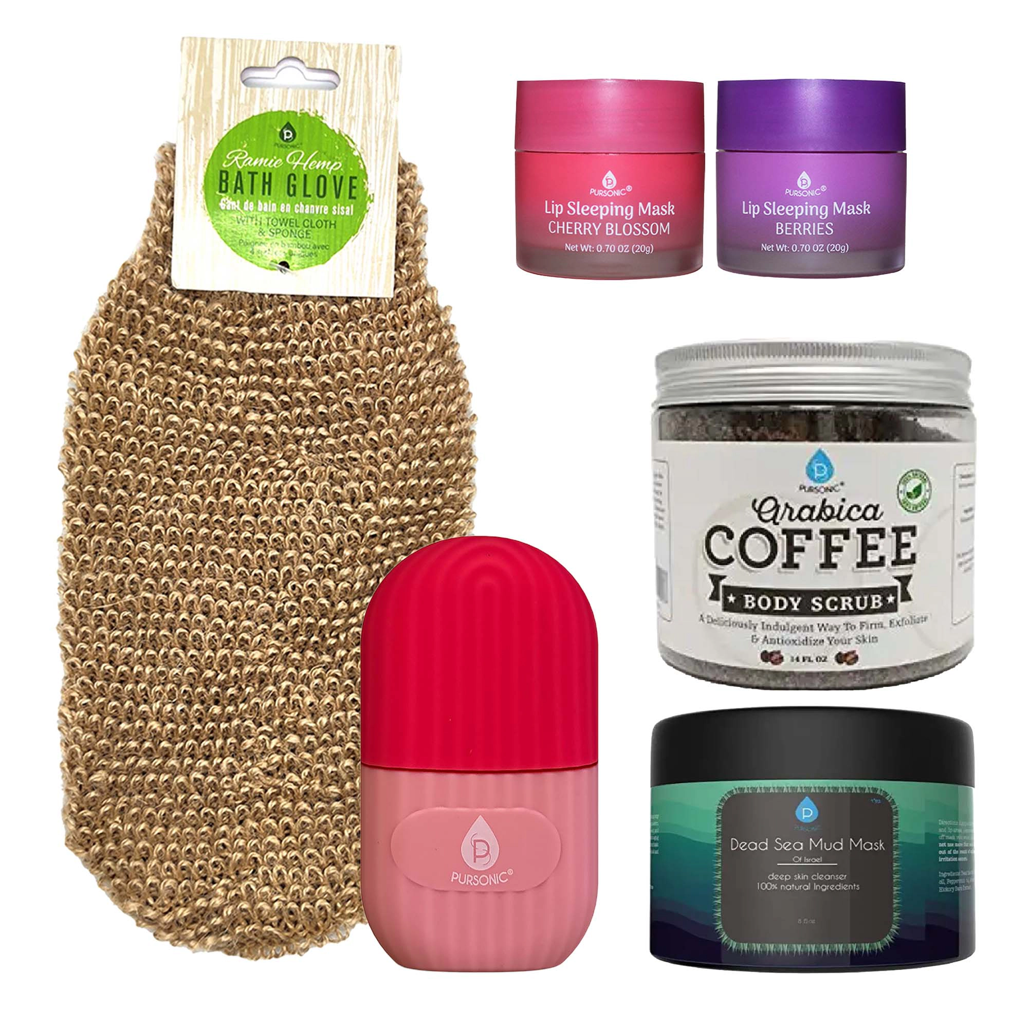 Pursonic Unisex Self Care Beauty Bundle Lip Masks, Dead Sea Mud Mask, Ice Roller, Bath Glove & Coffee Scrub