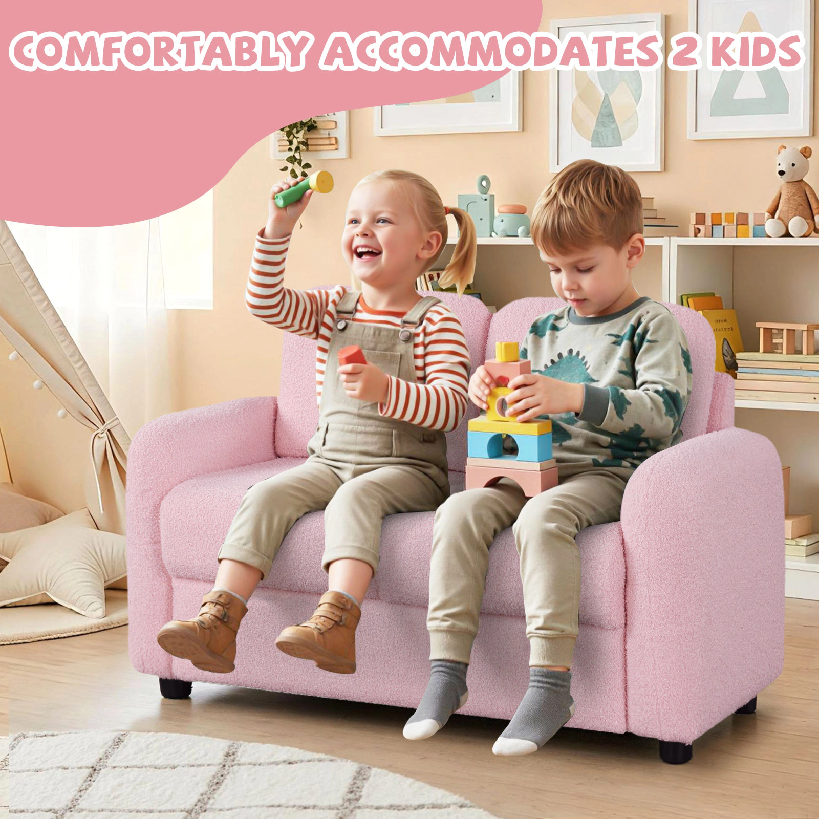 SUGIFT Kids Sofa Toddler Couch 330-lb Capacity Ages 3+ Pink