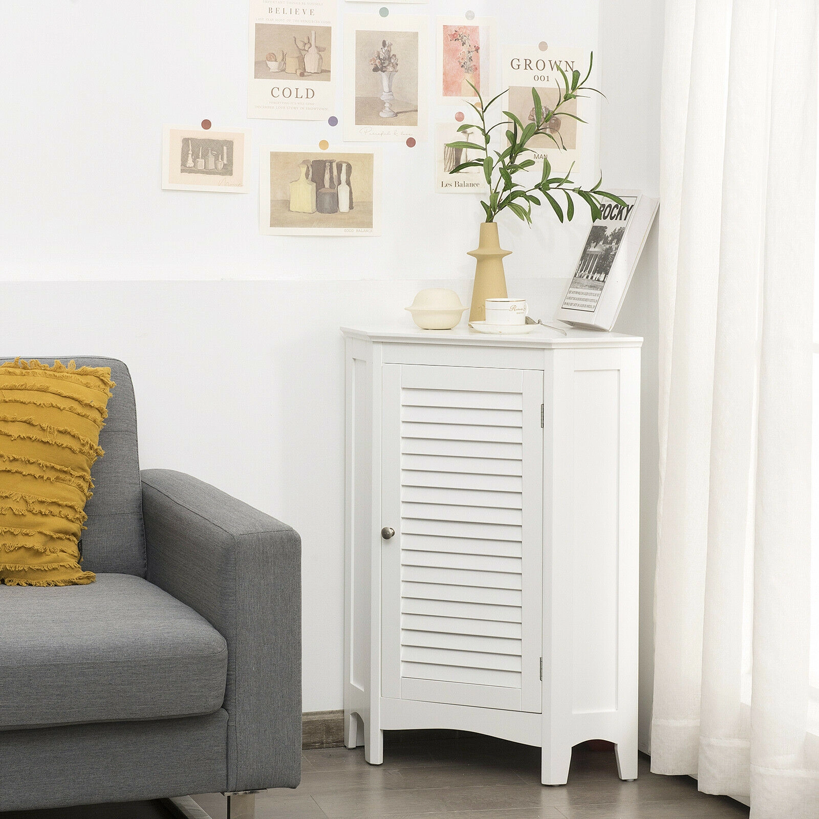 SUGIFT White 40-lb Per Shelf Triangular Corner Freestanding Bathroom Storage Cabinet with Shutter Door