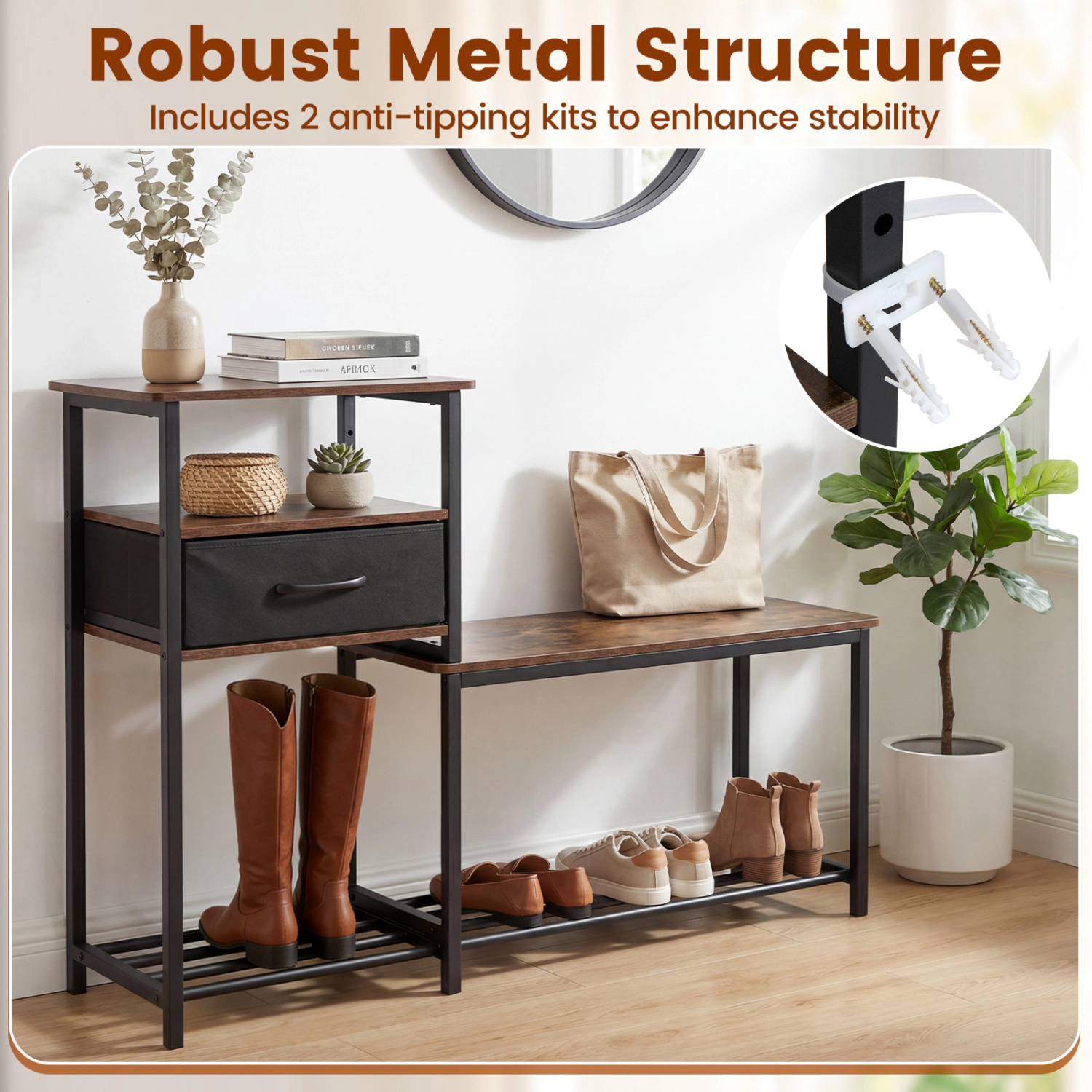 Glintex 2-in-1 Shoe Rack and Bench with Wire Shelves and Fabric Drawer, Rustic Brown