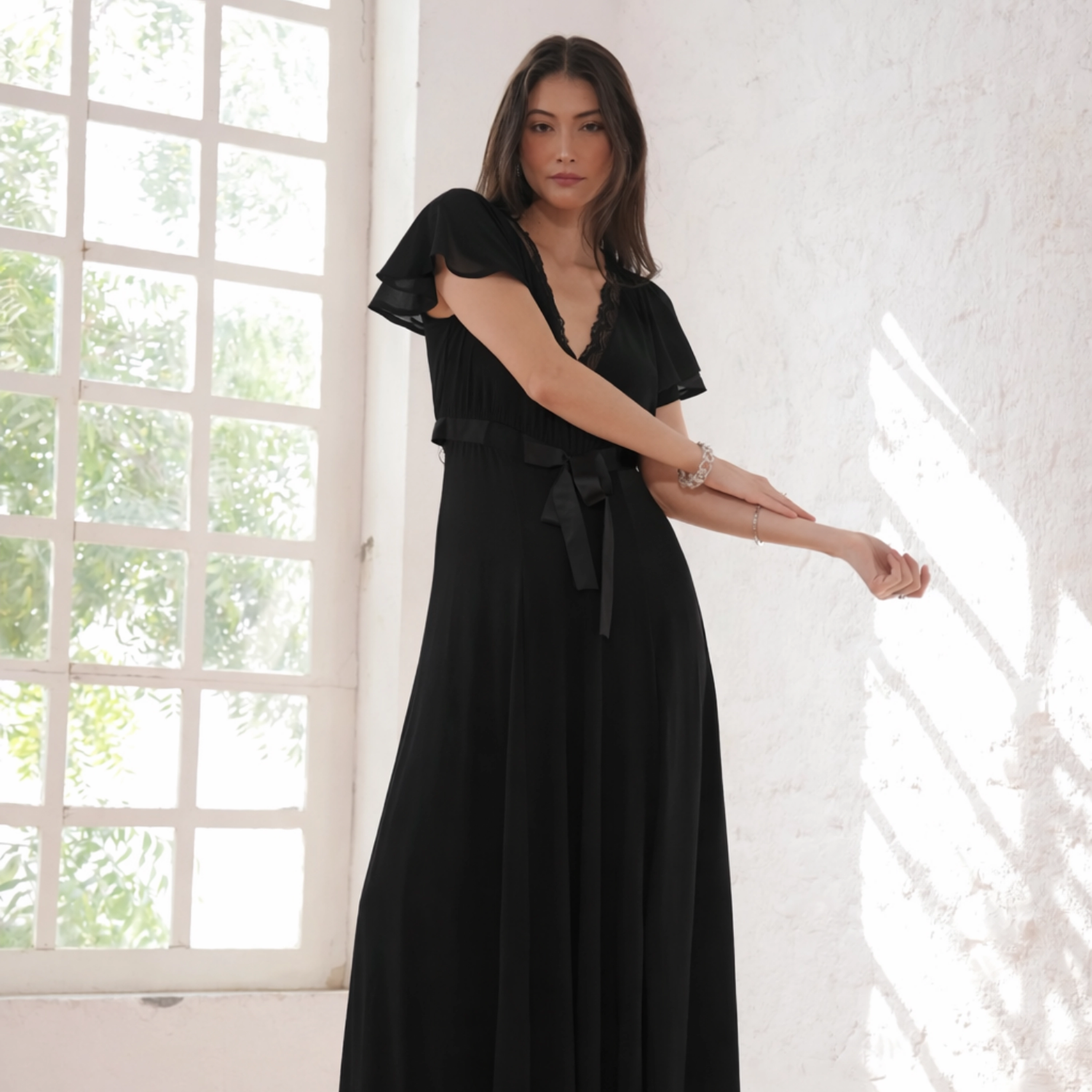 Rose & Nancy Women's Chloe Black Lace Detail Tie Waist Maxi Dress