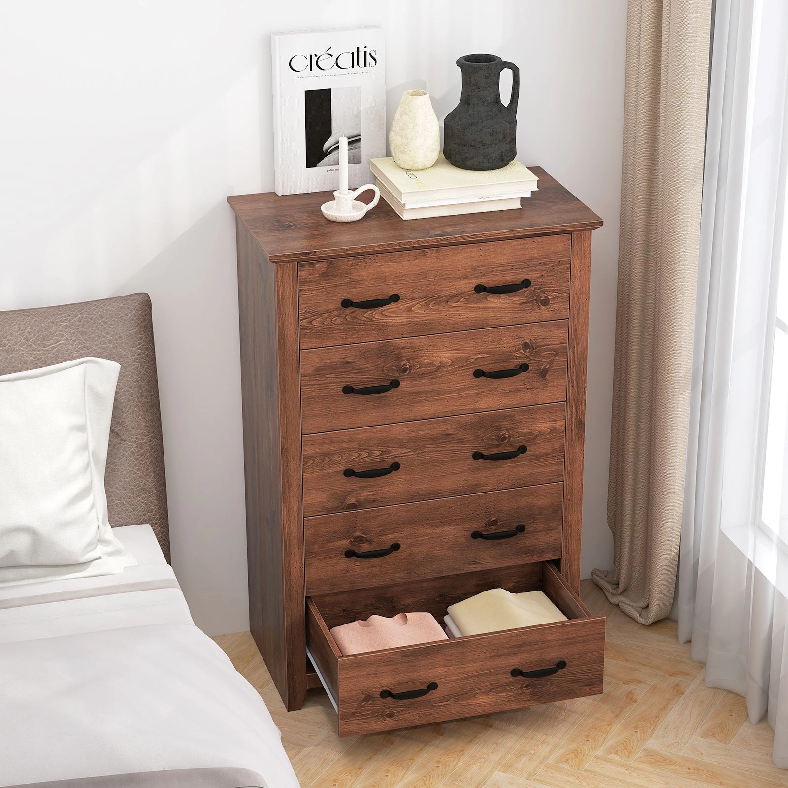 SlickBlue 5 Drawer Storage Dresser Cabinet with Wooden Grain Design