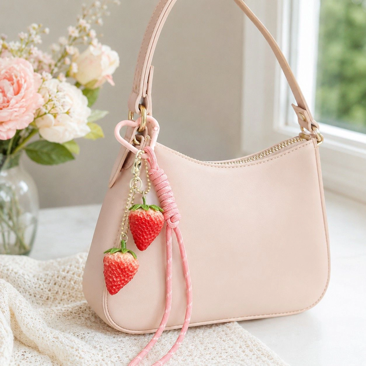 Alilang Women's 3D Strawberry Bag Charm Keychain with Heart Clasp and Braided Cord Tails, Lime Green