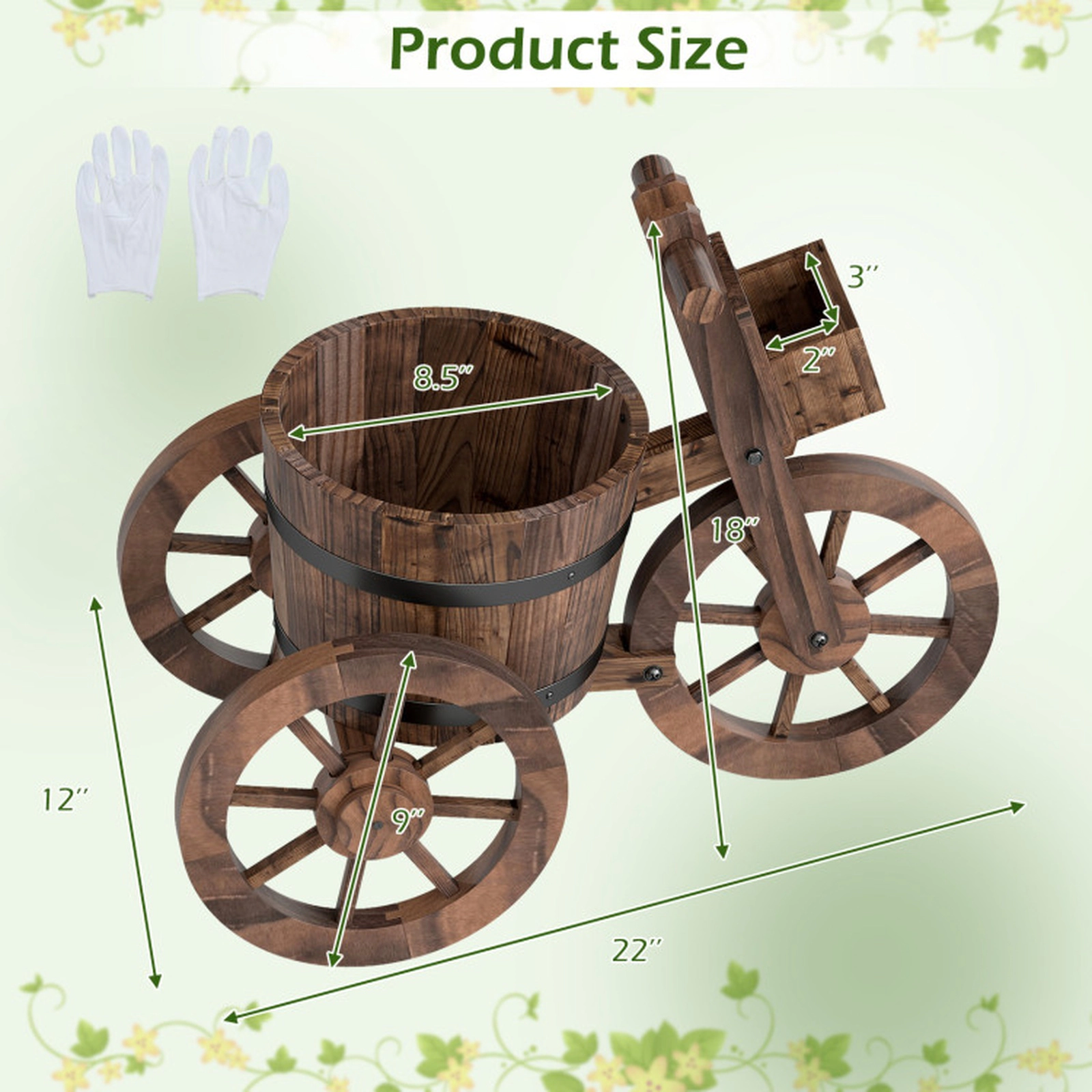 SUGIFT Coffee Wood Tricycle Planter with Barrel Pot and Storage Box 21.5-in W 11.5-in D 13.5-in H