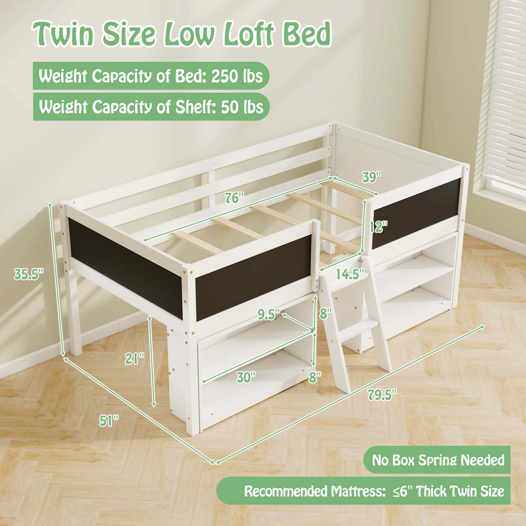 Costway Twin Size Low Loft Bed with Ramp Ladder & Bookcases Full-length Safety Guardrail White