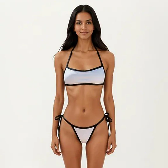 Anna-Kaci Women's 2-Piece Bikini Set with Straight Neck Sporty Top Contrast Trim Design Tie Side Bottom