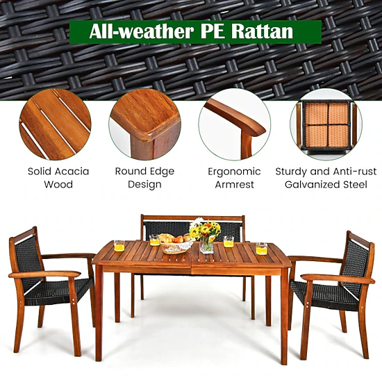 Hivvago 4 Pieces Acacia Wood Patio Rattan Dining Furniture Set