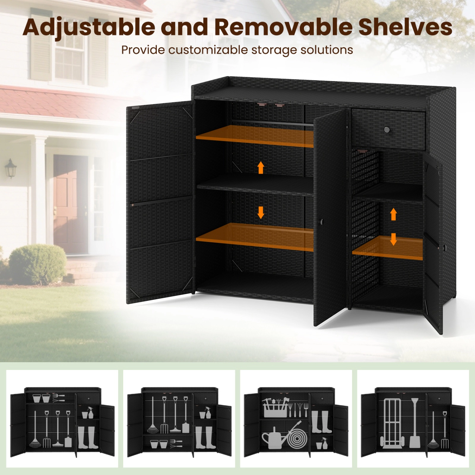 SUGIFT 48-in 3-Door 110-lb Countertop PE Wicker Rattan Outdoor Storage Cabinet with Drawer and 2 Shelves