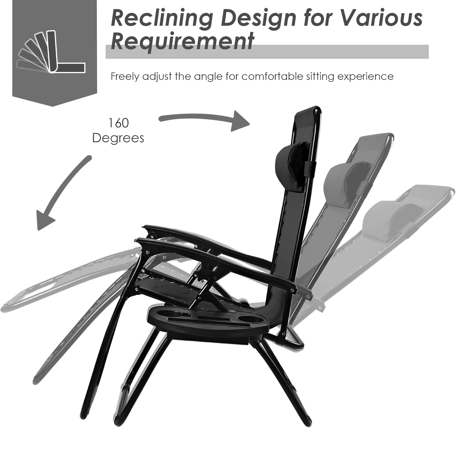 SUGIFT Outdoor Folding Zero Gravity Reclining Lounge Chair with Utility Tray 350-Lb Capacity Black