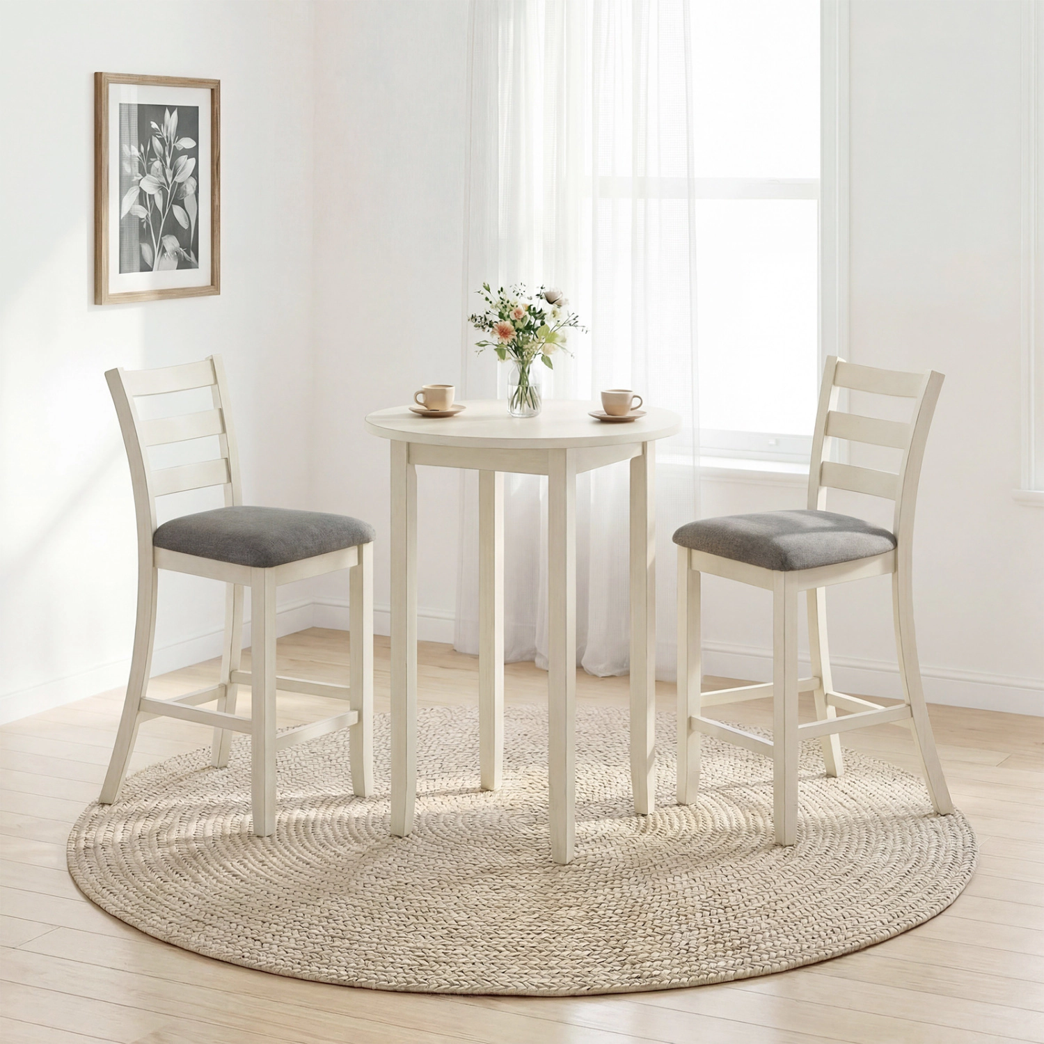 LJG 4 Pieces Counter Height Chairs with Fabric Seat and Rubber Wood Legs
