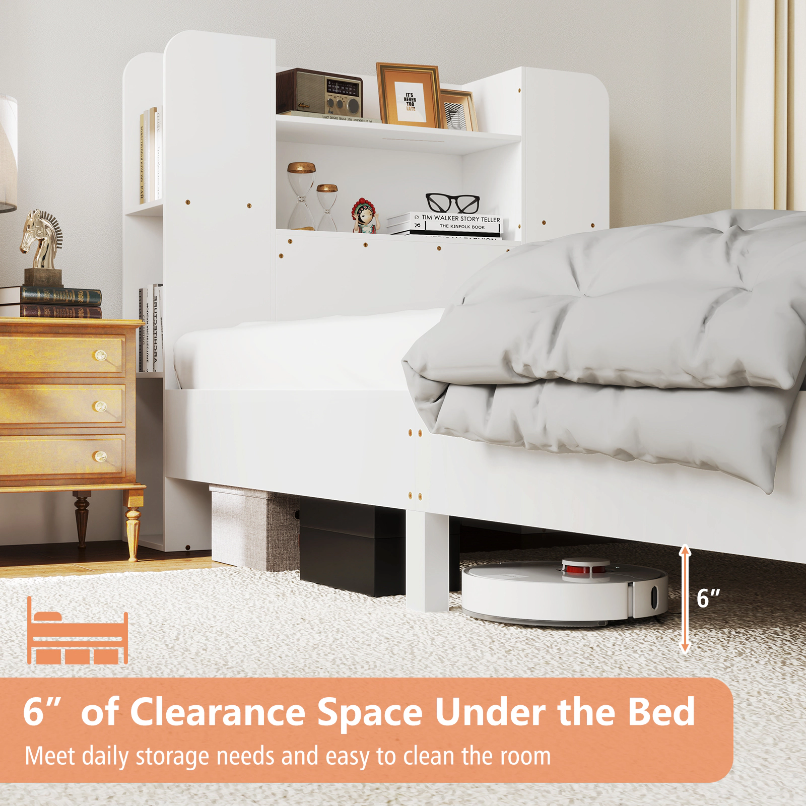SUGIFT Twin Wood Platform Bed with Bookcase Headboard, 6 Storage Compartments, White