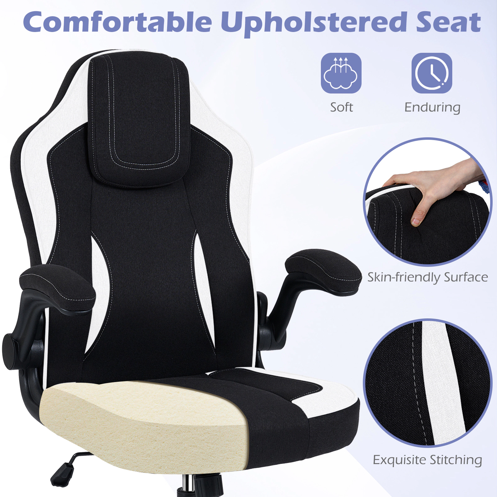 SUGIFT Ergonomic Linen Computer Office Chair with 90° Flip-up Armrests 275-Lb Capacity High Back White & Black