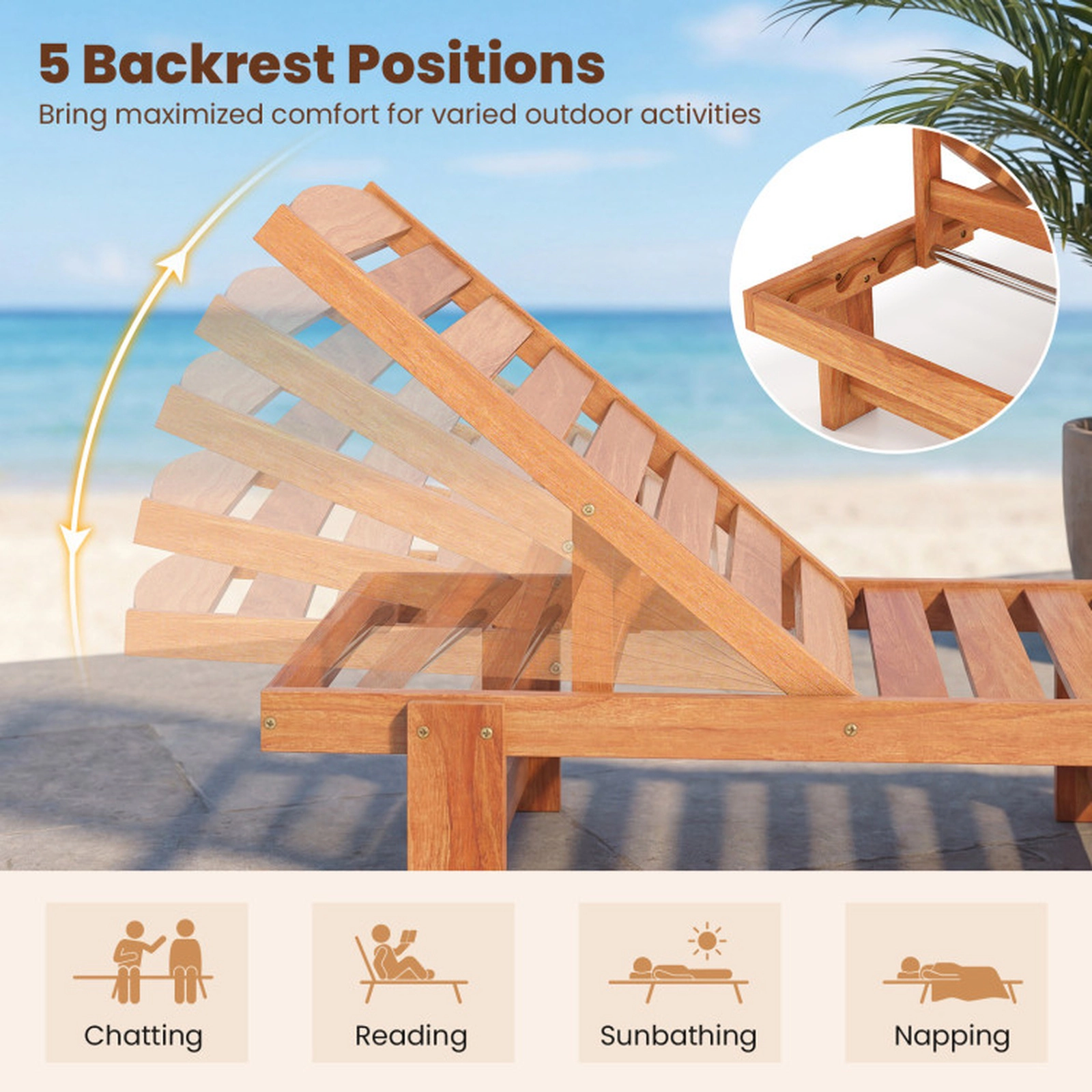 SUGIFT Natural 5-Position Backrest 500-lb Capacity Set of 2 Solid Wood Slatted Patio Chaise Lounges