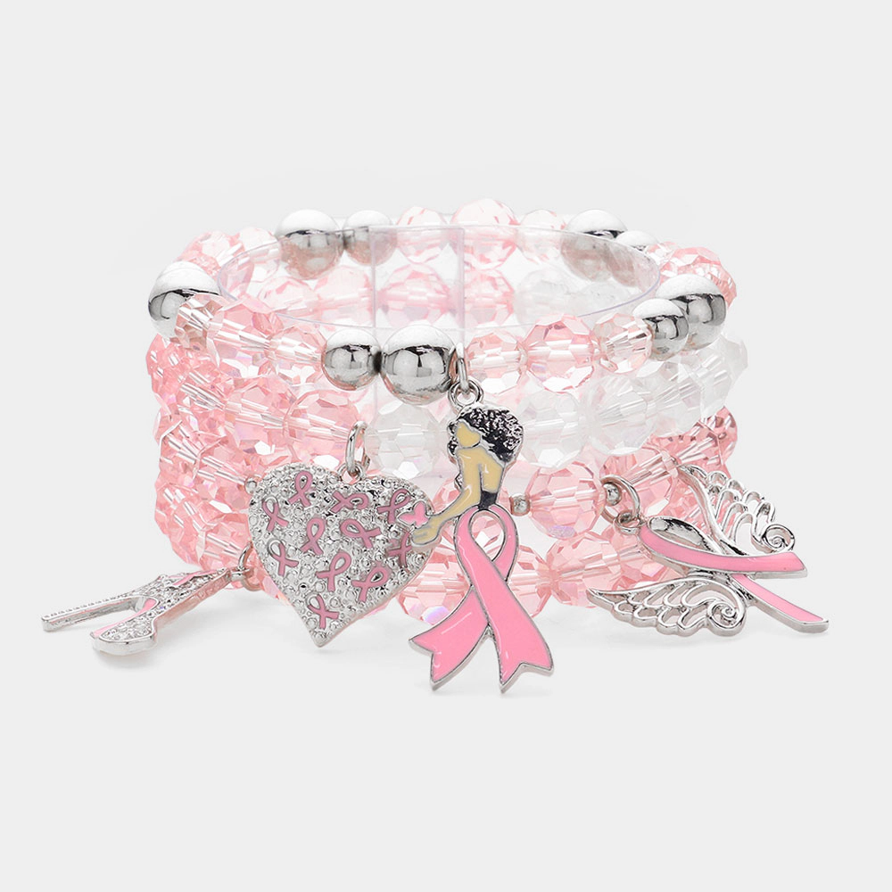 FASHNZFAB 4PCS - Enamel Pink Ribbon Afro Woman High Heel Wing Heart Charm Faceted Beaded Stretch Multi Layered Bracelets