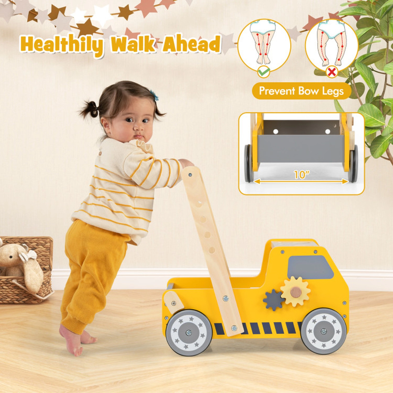 SUGIFT 2-in-1 Wooden Baby Walker and Kids Tool Bench with Adjustable Speed 16.5-in Tall 3+ Years Yellow Gray Blue