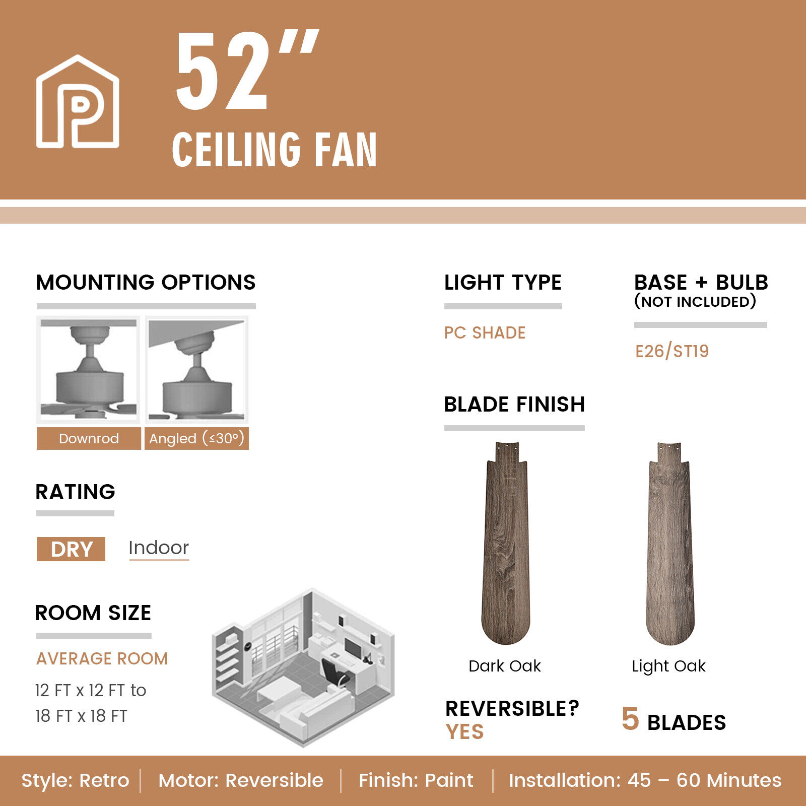 SUGIFT 52-in Retro Ceiling Fan with Remote Control 3-Speed Reversible Motor Oak Double-Faced Blades